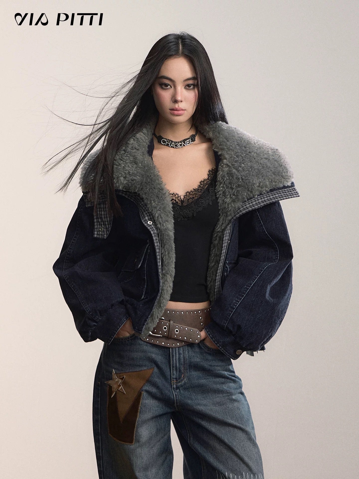 VIA PITTI VIADC664 Velvet denim fur collar down jacket