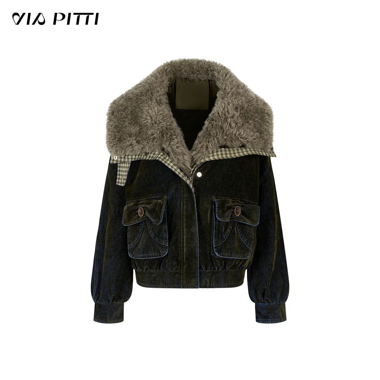 VIA PITTI VIADC664 Velvet denim fur collar down jacket