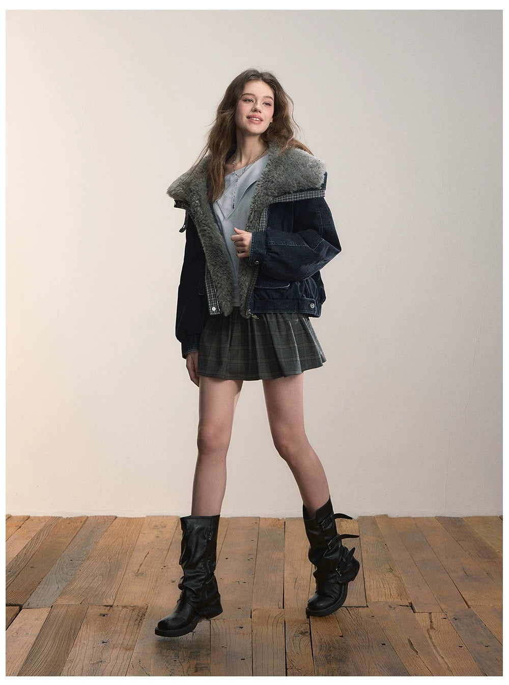VIA PITTI VIADC664 Velvet denim fur collar down jacket
