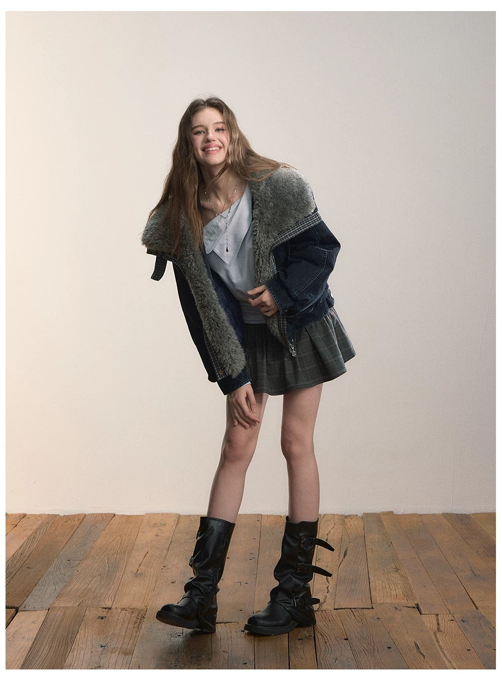 VIA PITTI VIADC664 Velvet denim fur collar down jacket