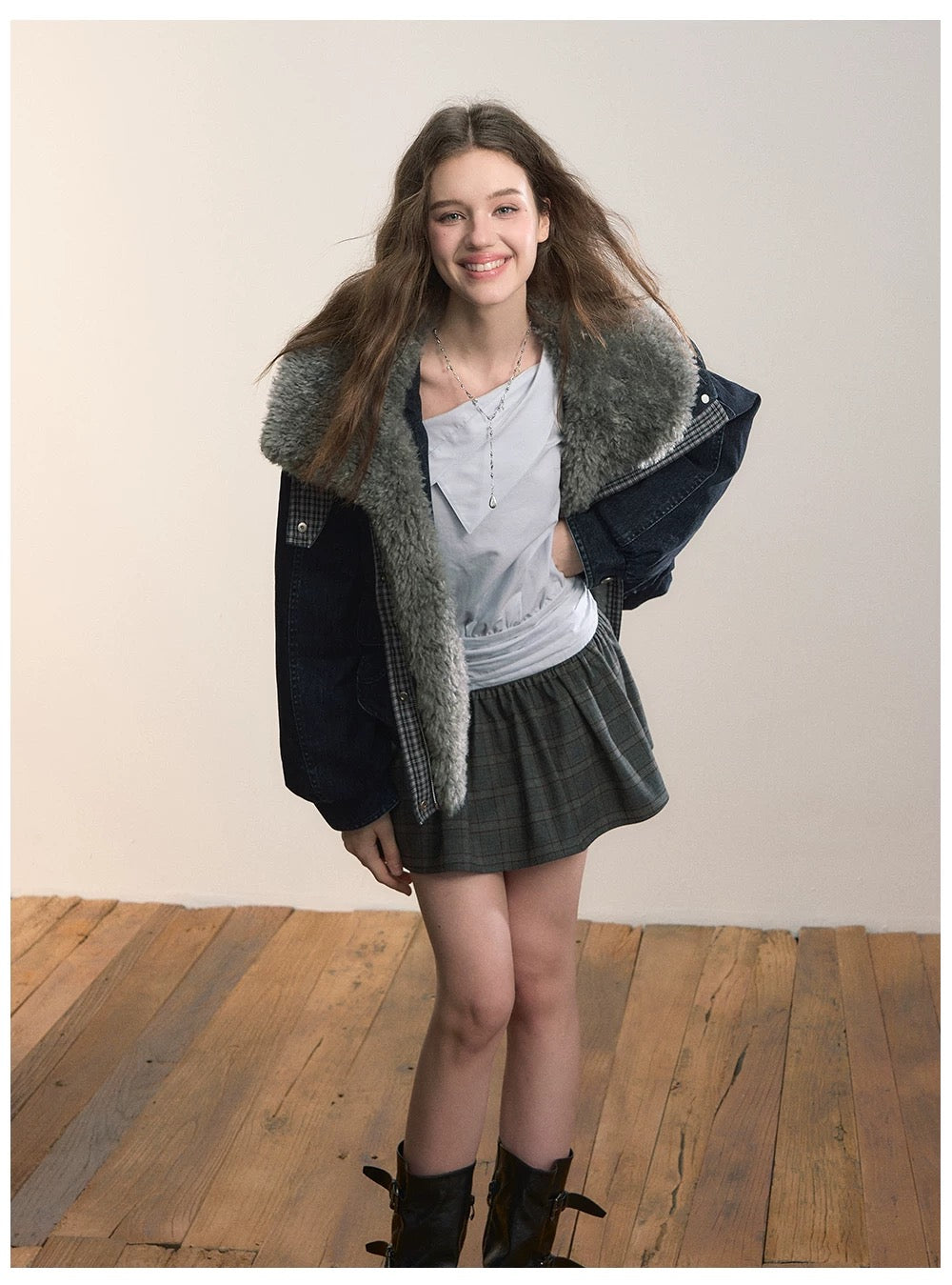 VIA PITTI VIADC664 Velvet denim fur collar down jacket
