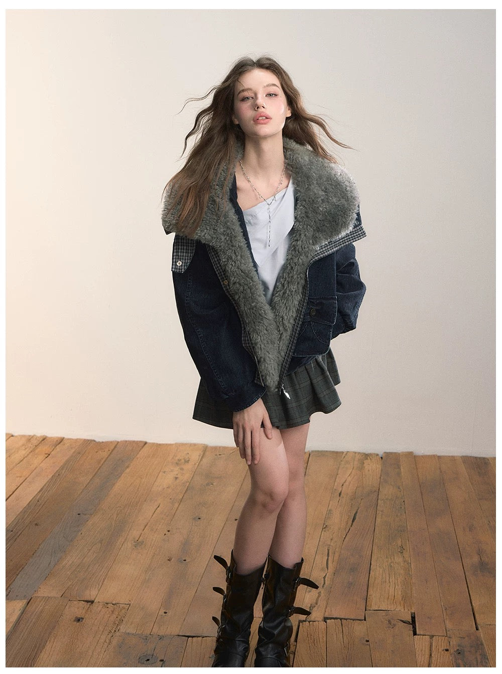 VIA PITTI VIADC664 Velvet denim fur collar down jacket