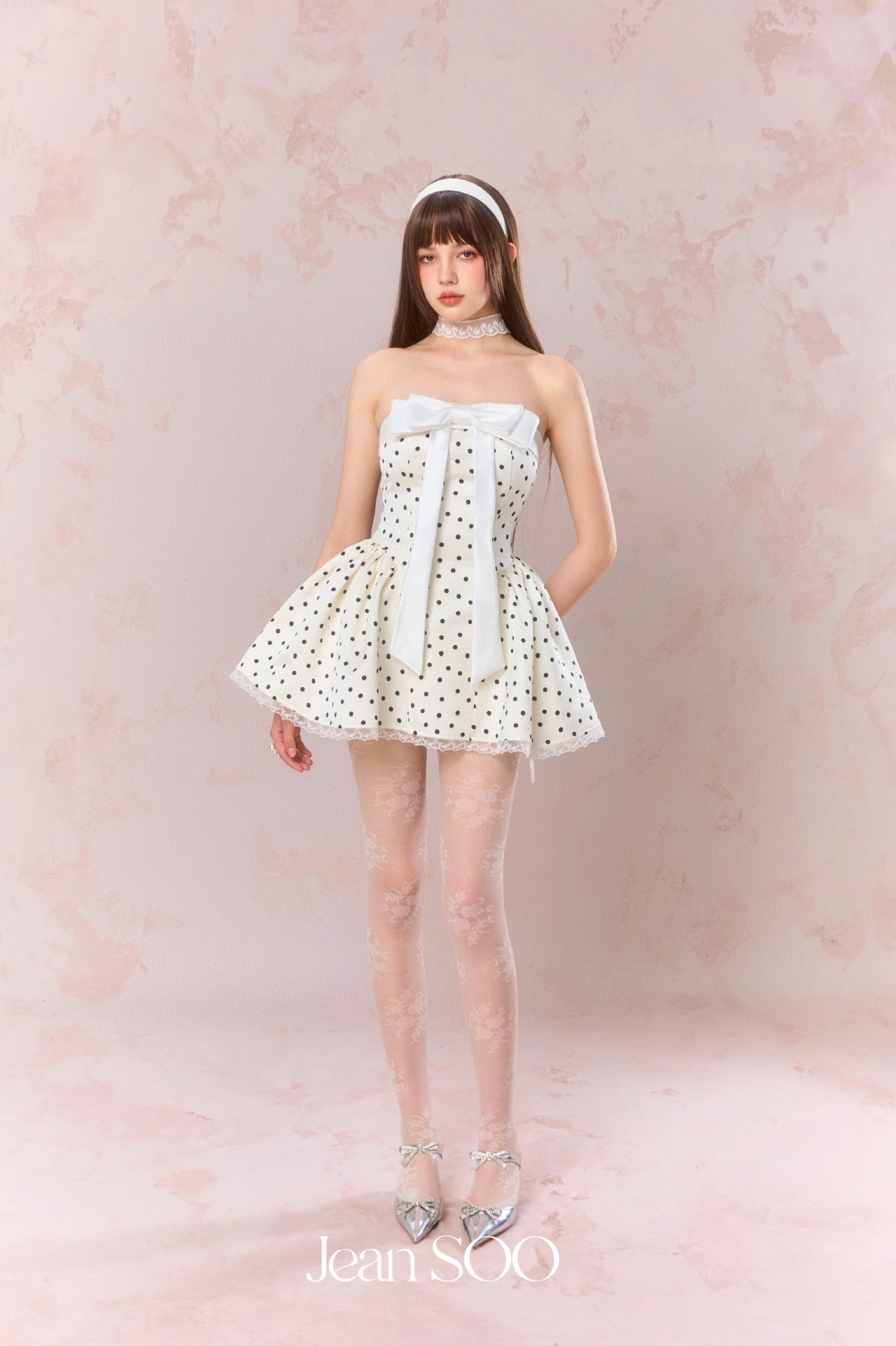 Jean Soo Polka print waist cinching strapless puffy dress