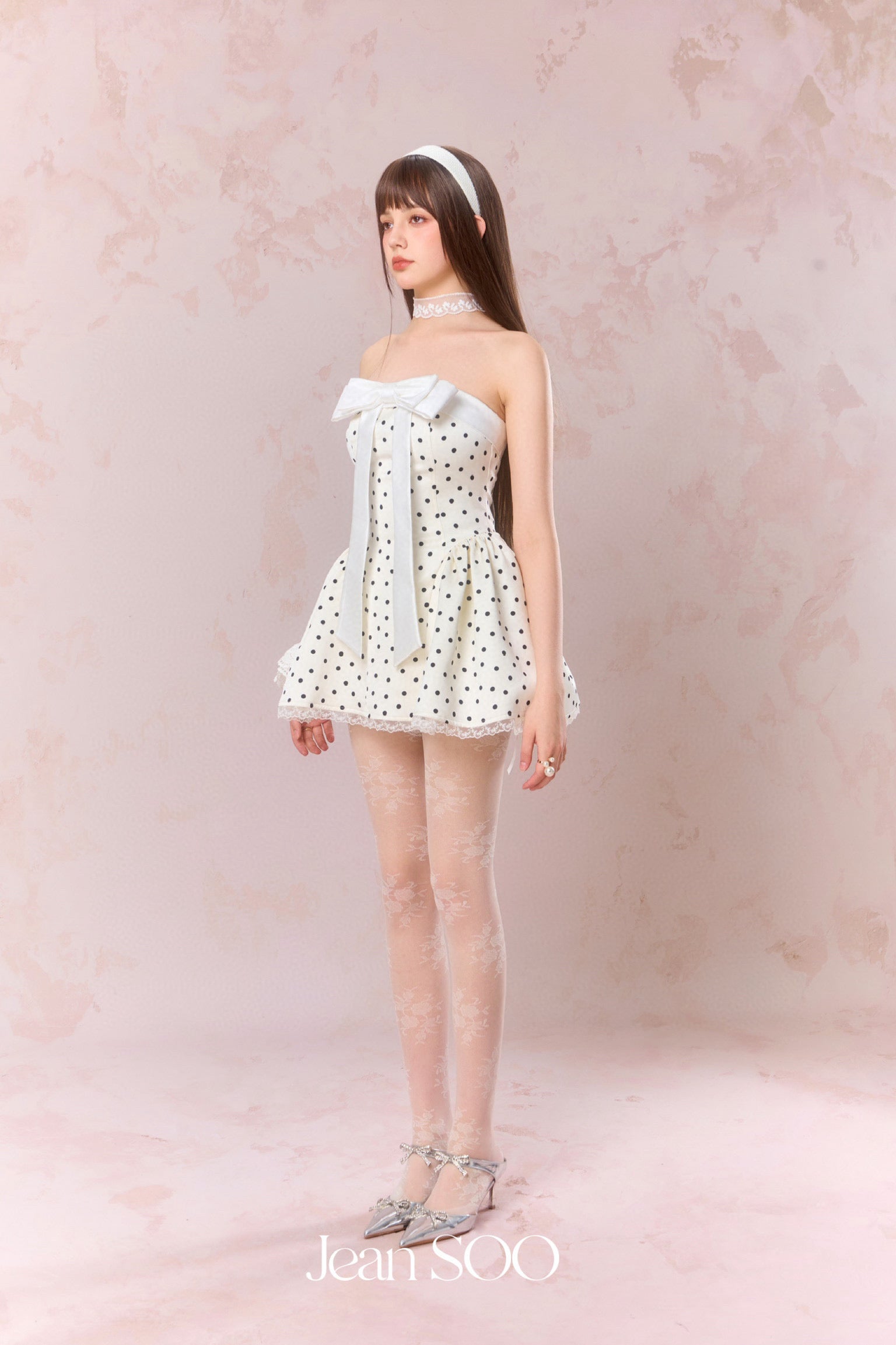 Jean Soo Polka print waist cinching strapless puffy dress
