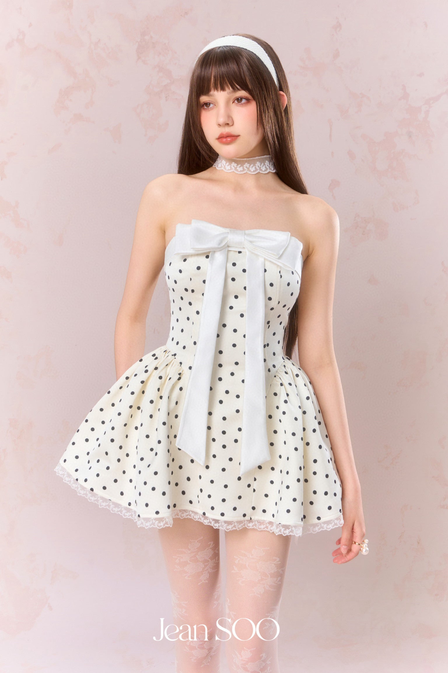 Jean Soo Polka print waist cinching strapless puffy dress