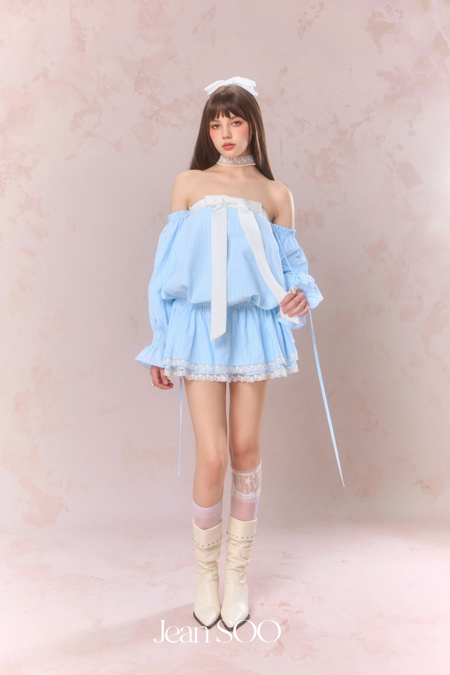 Jean Soo Striped waist cinching strapless dress