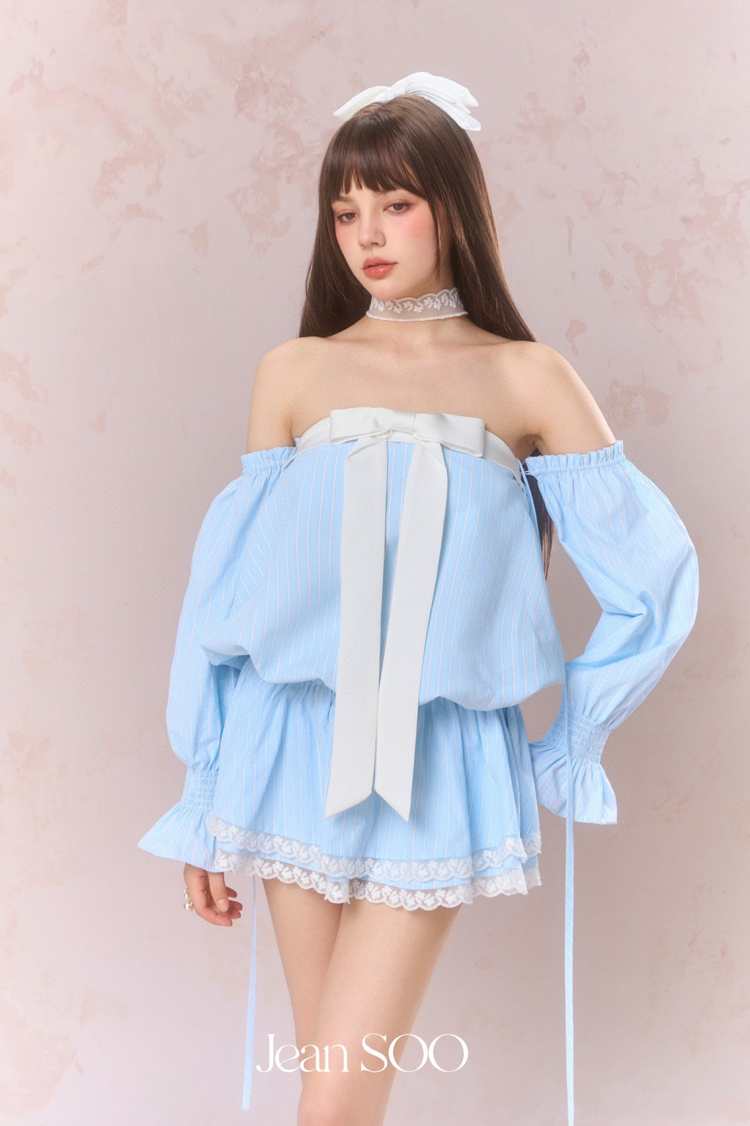 Jean Soo Striped waist cinching strapless dress