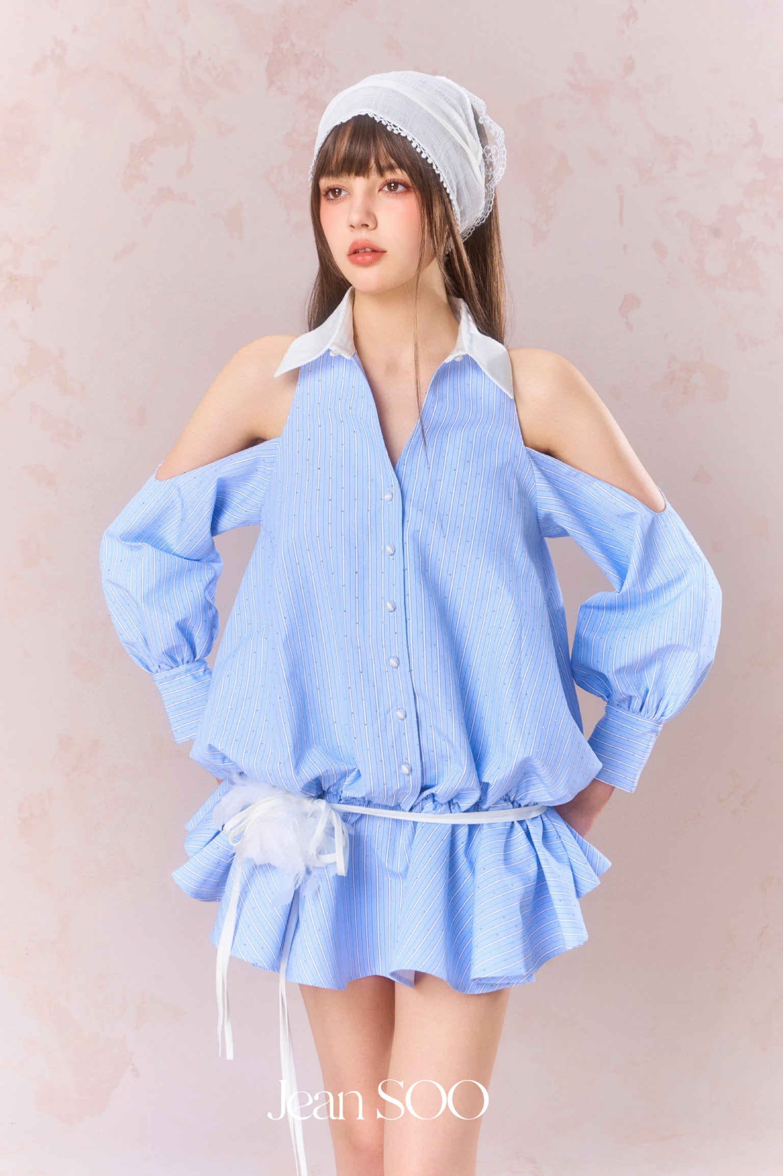 Jean Soo Nail drill off shoulder shirt dress