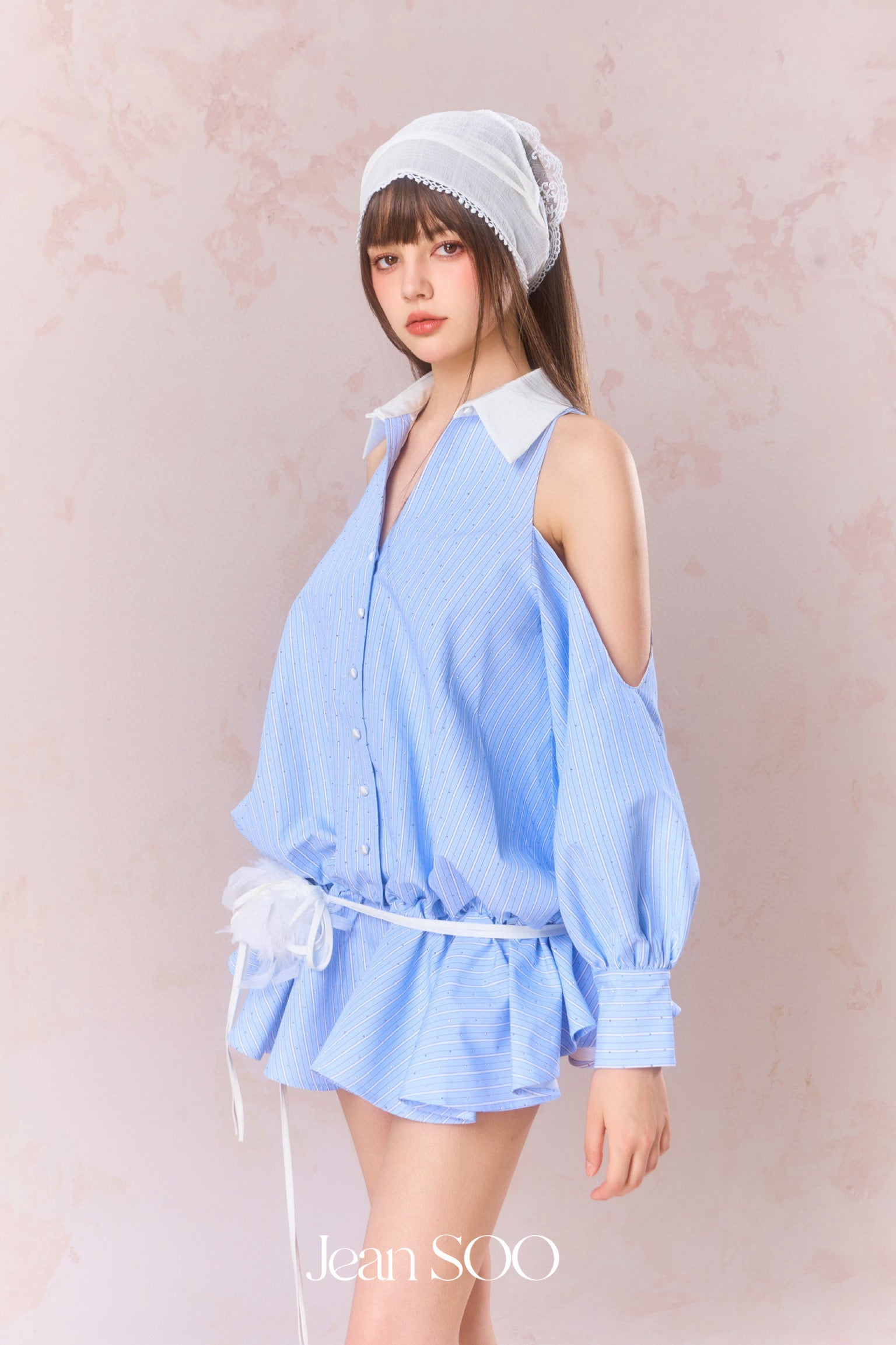 Jean Soo Nail drill off shoulder shirt dress