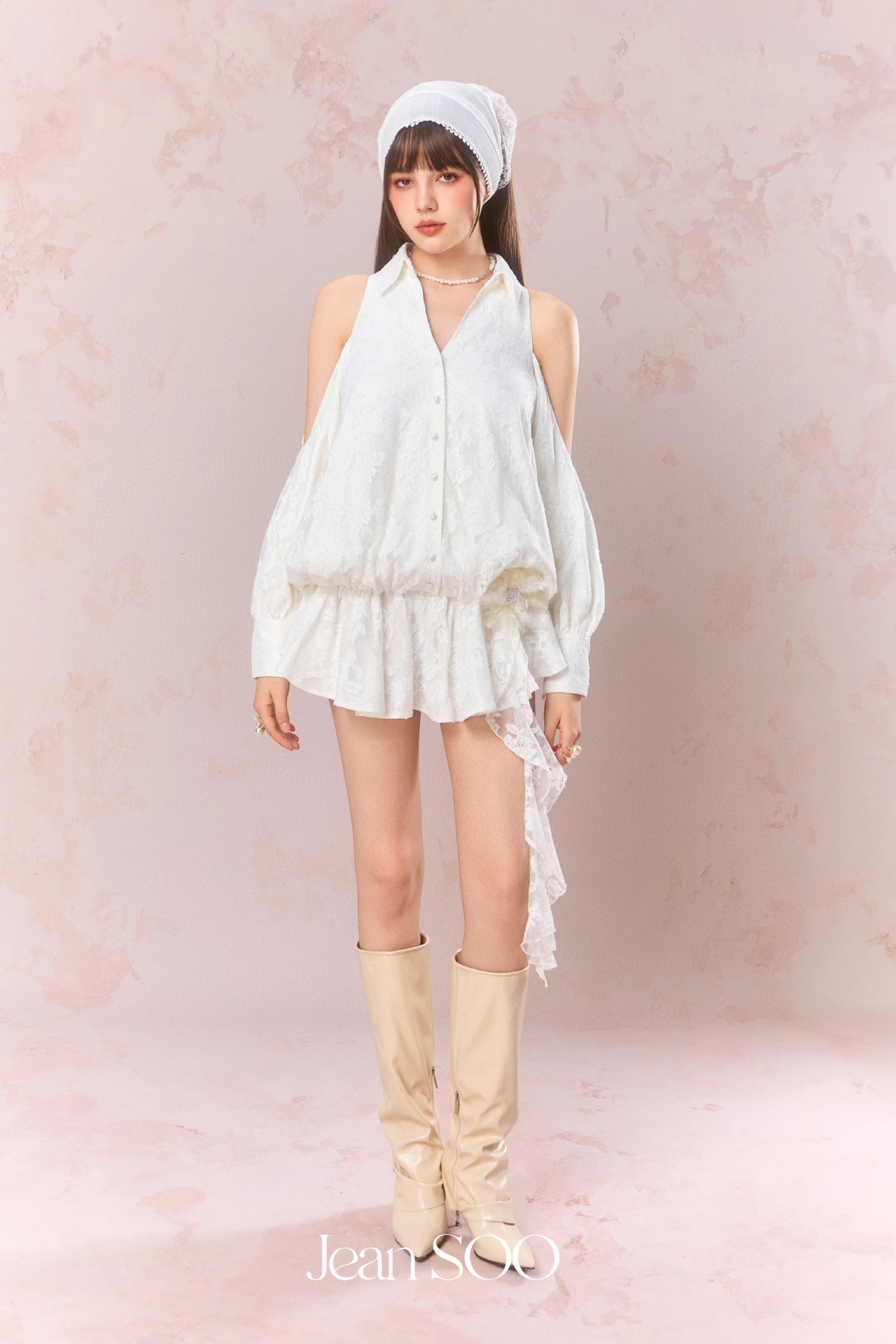 Jean Soo Embroidered lace off shoulder shirt dress