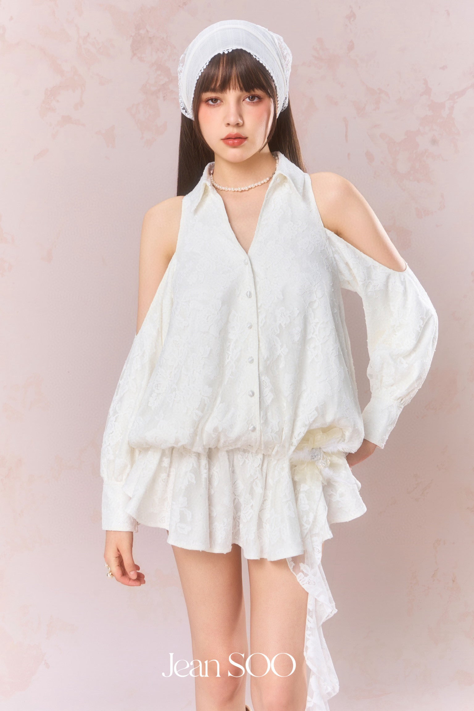 Jean Soo Embroidered lace off shoulder shirt dress