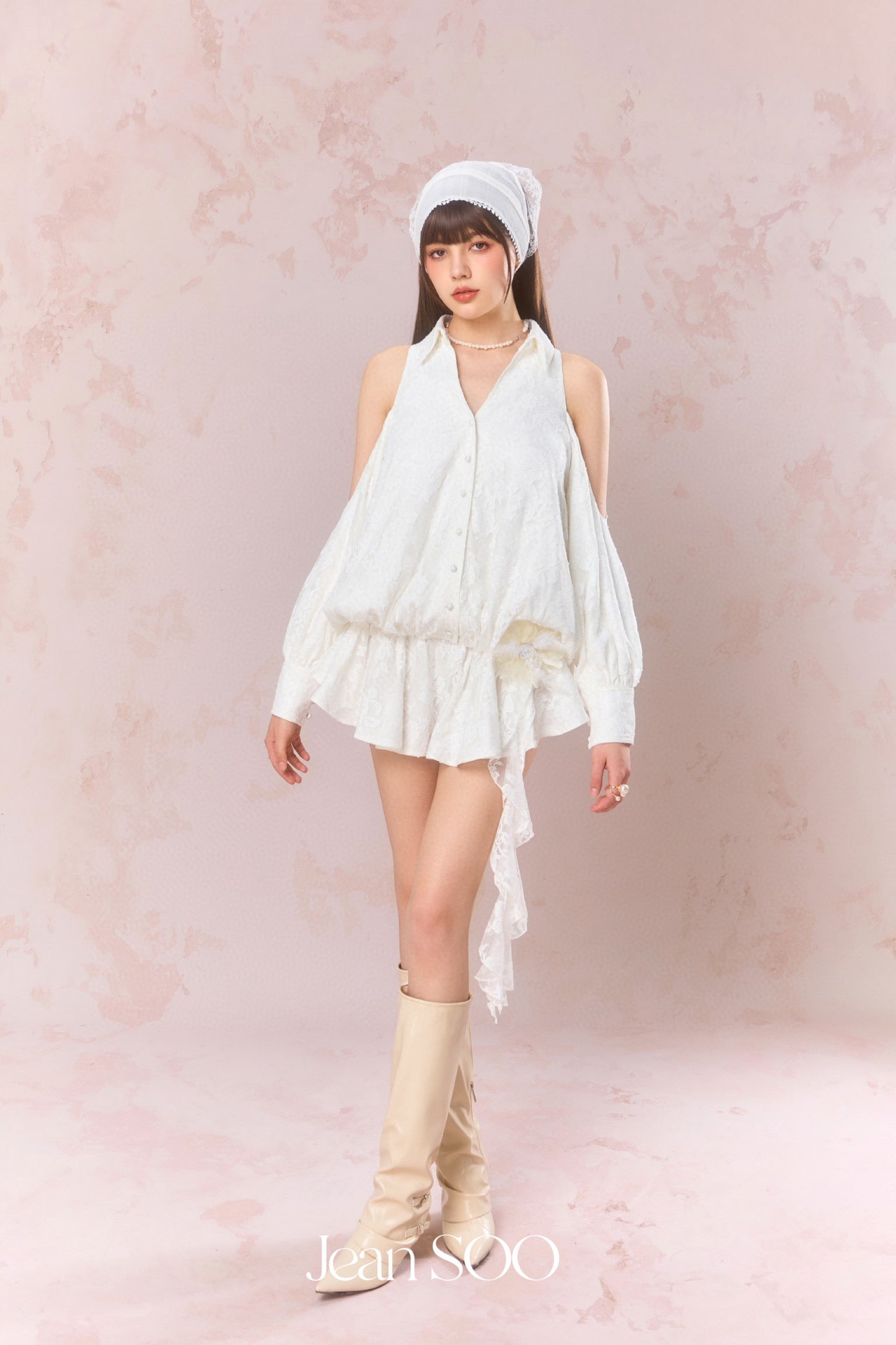 Jean Soo Embroidered lace off shoulder shirt dress