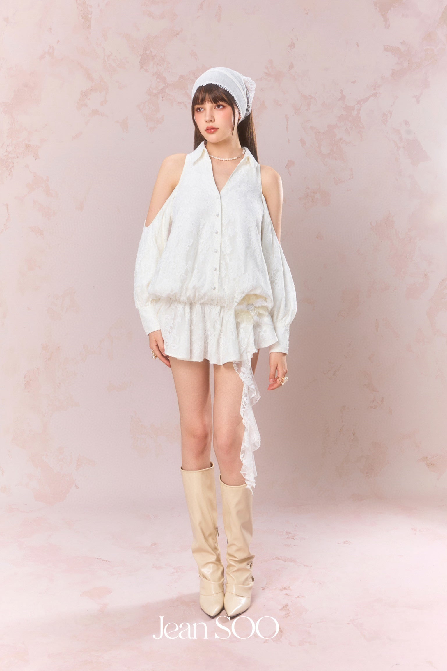 Jean Soo Embroidered lace off shoulder shirt dress