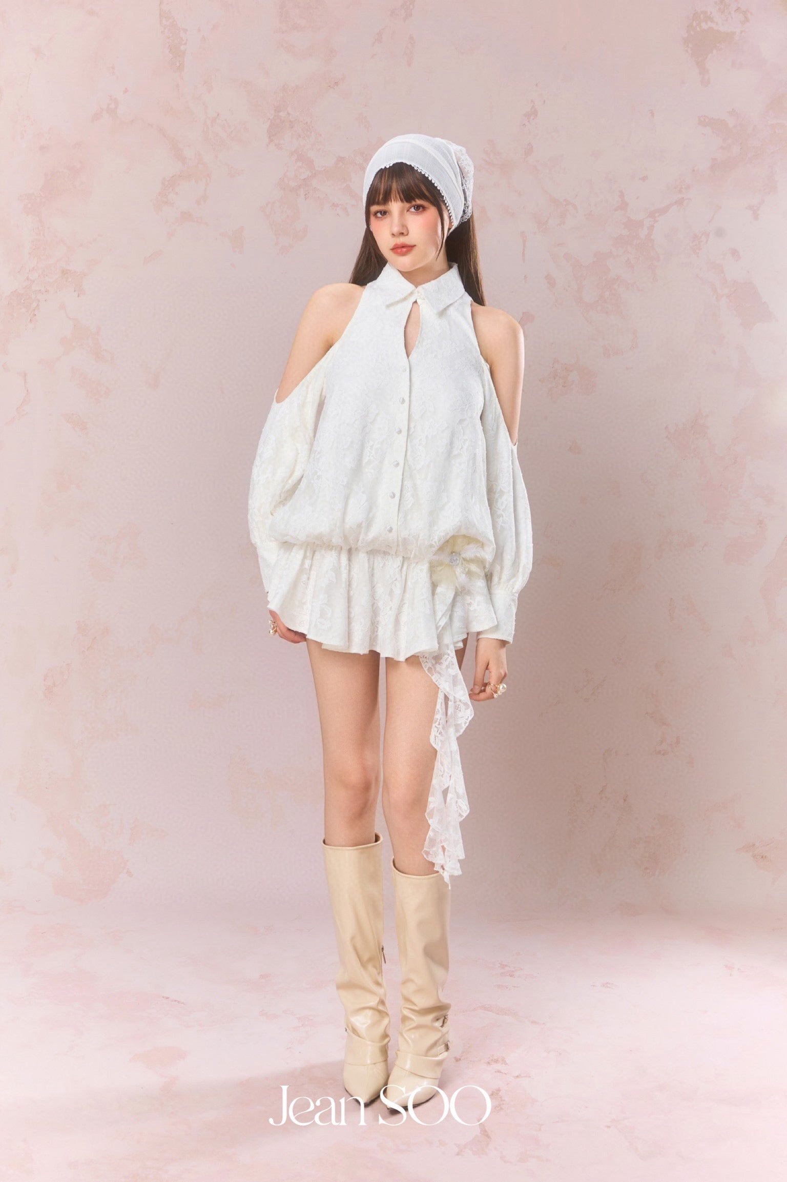 Jean Soo Embroidered lace off shoulder shirt dress