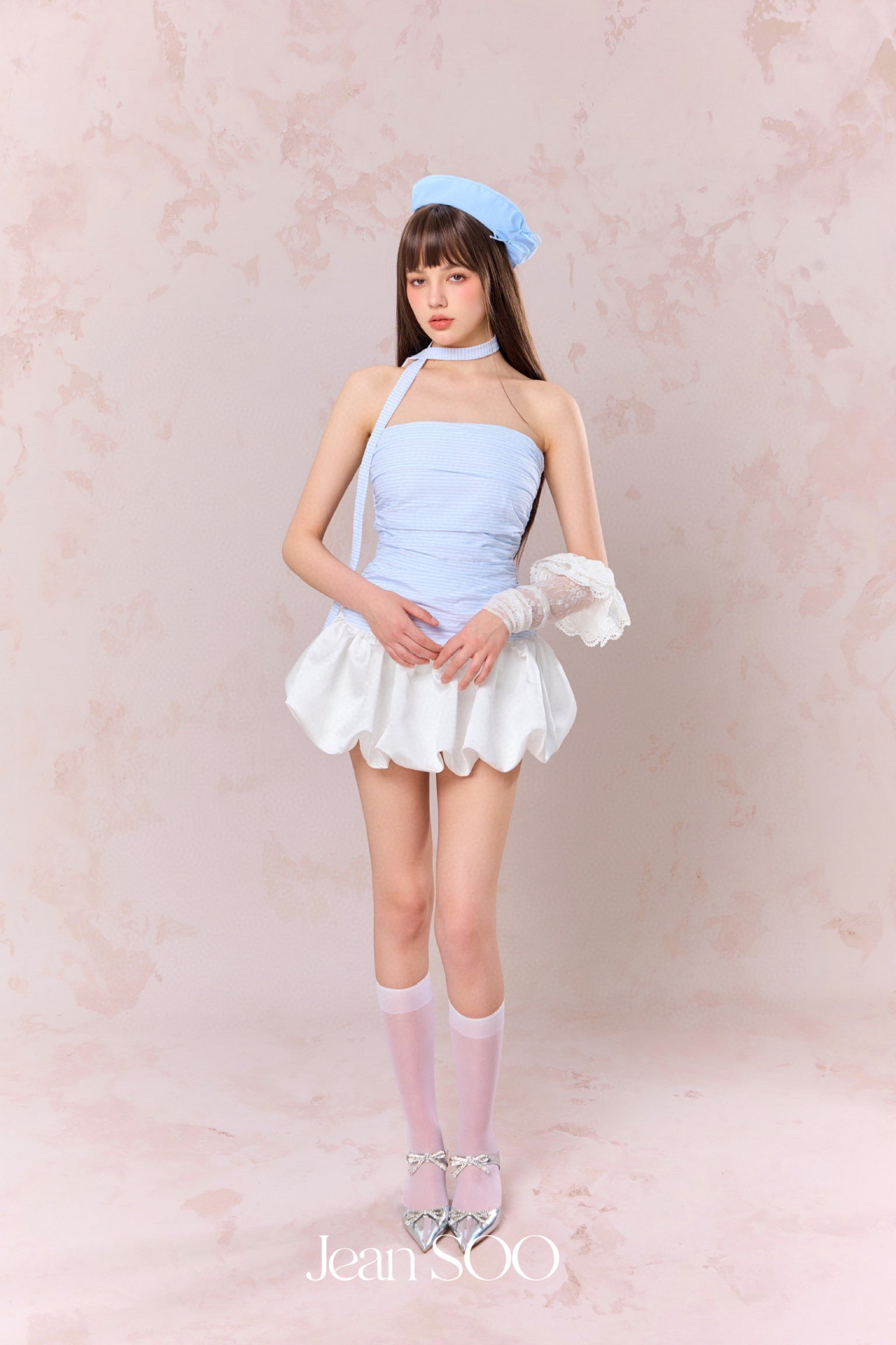 Jean Soo Pleated satin floral bud strapless dress