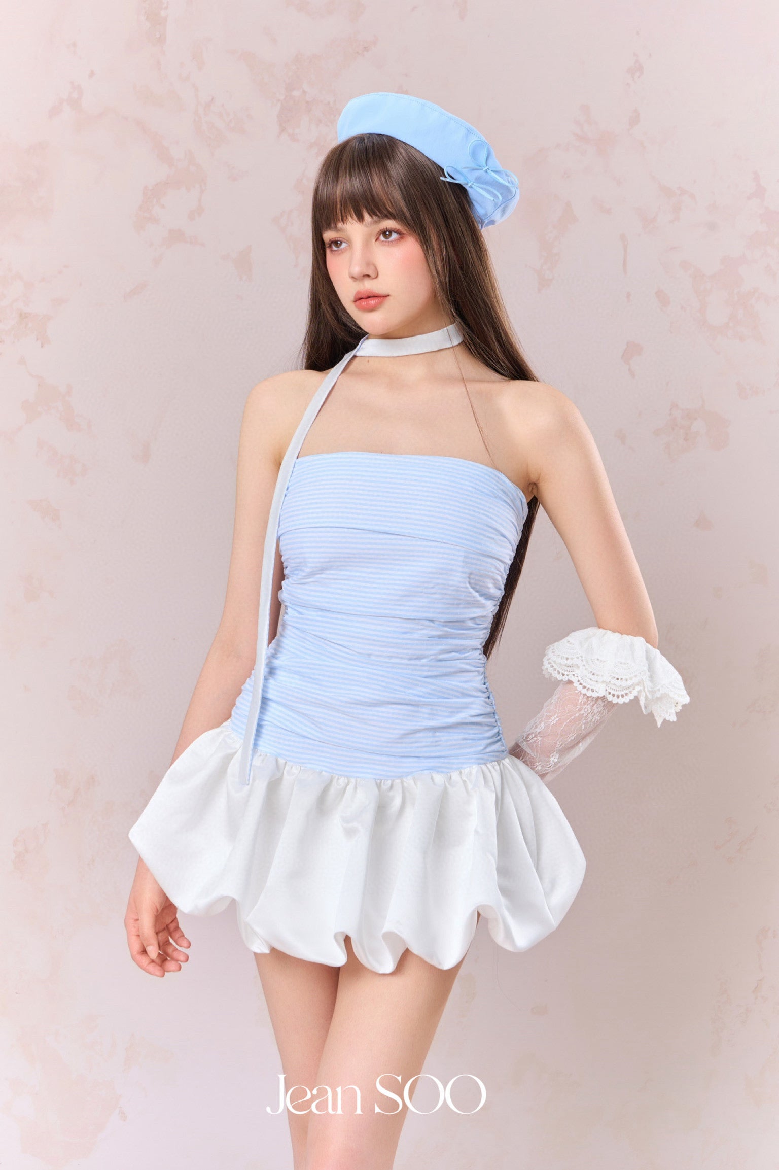Jean Soo Pleated satin floral bud strapless dress