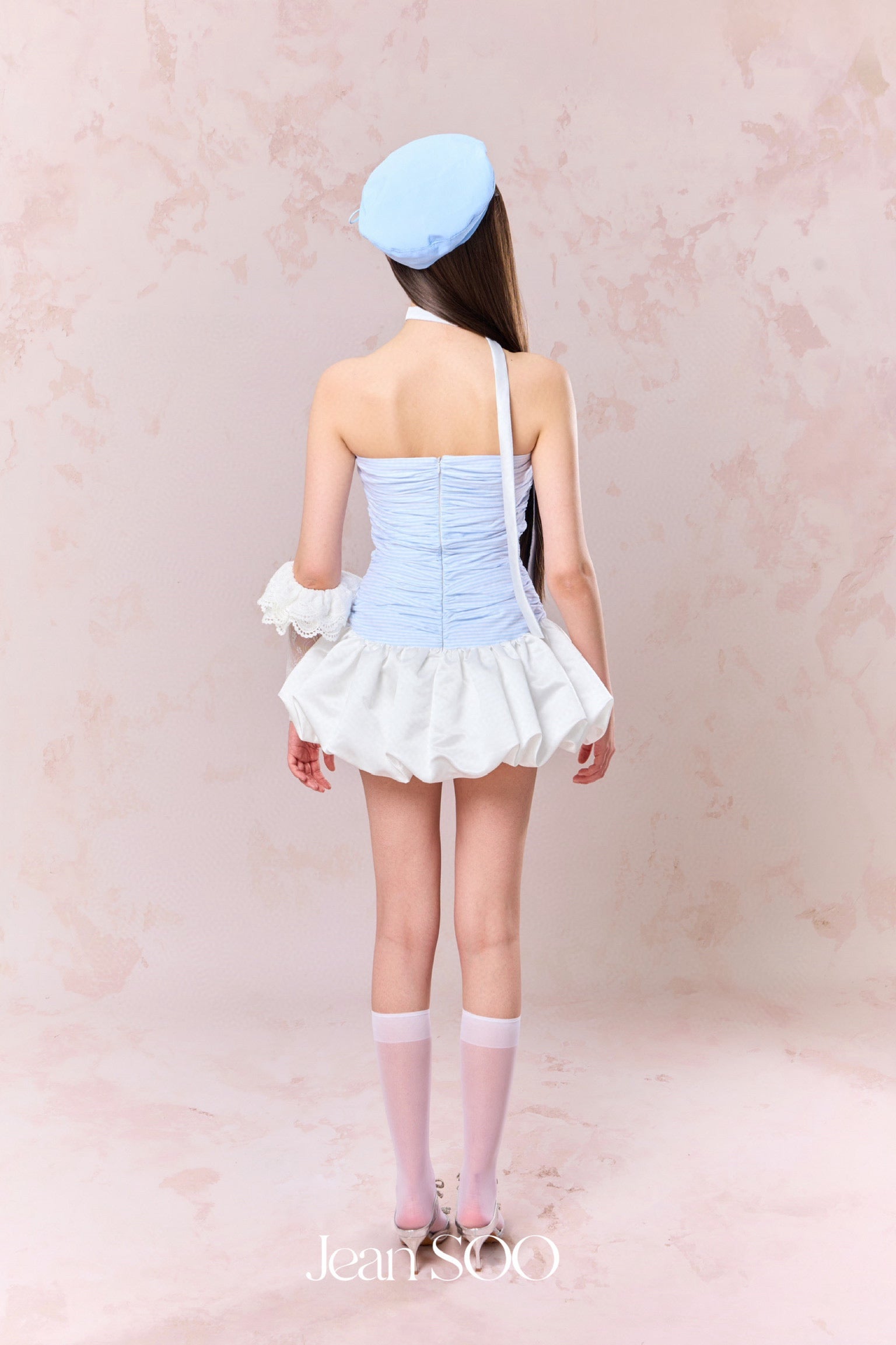 Jean Soo Pleated satin floral bud strapless dress