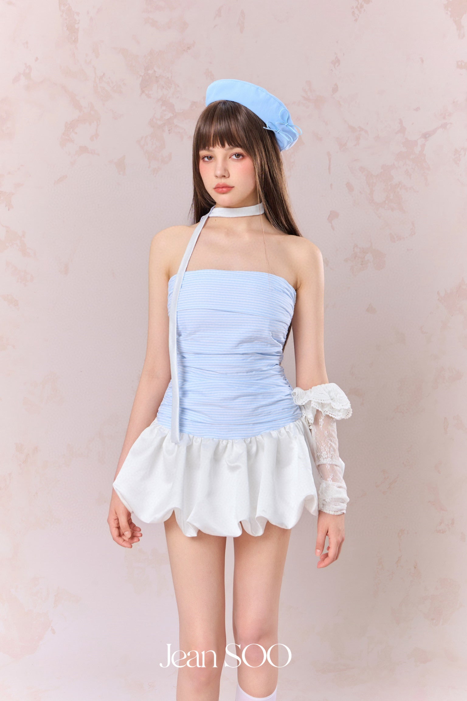 Jean Soo Pleated satin floral bud strapless dress