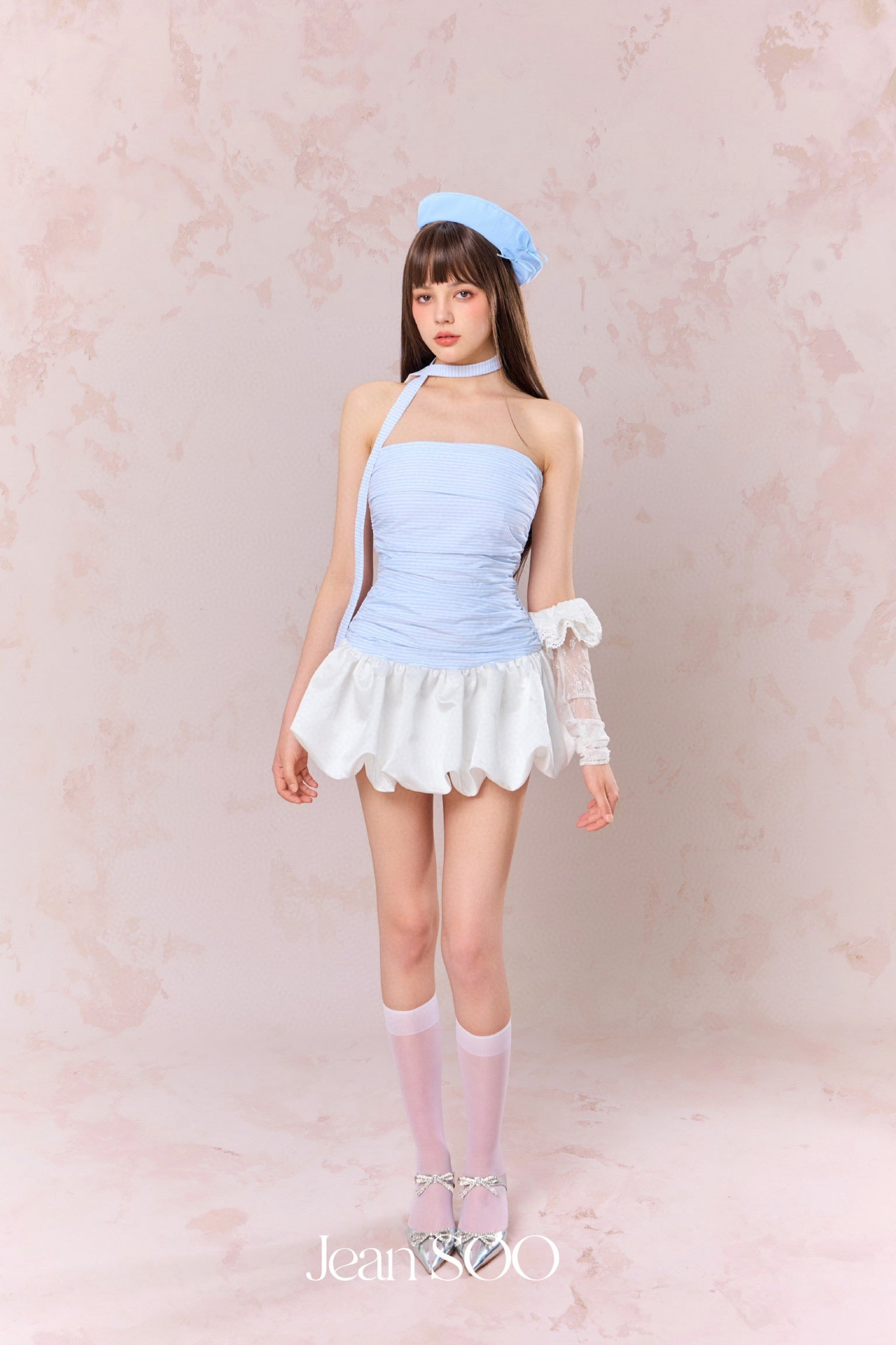 Jean Soo Pleated satin floral bud strapless dress