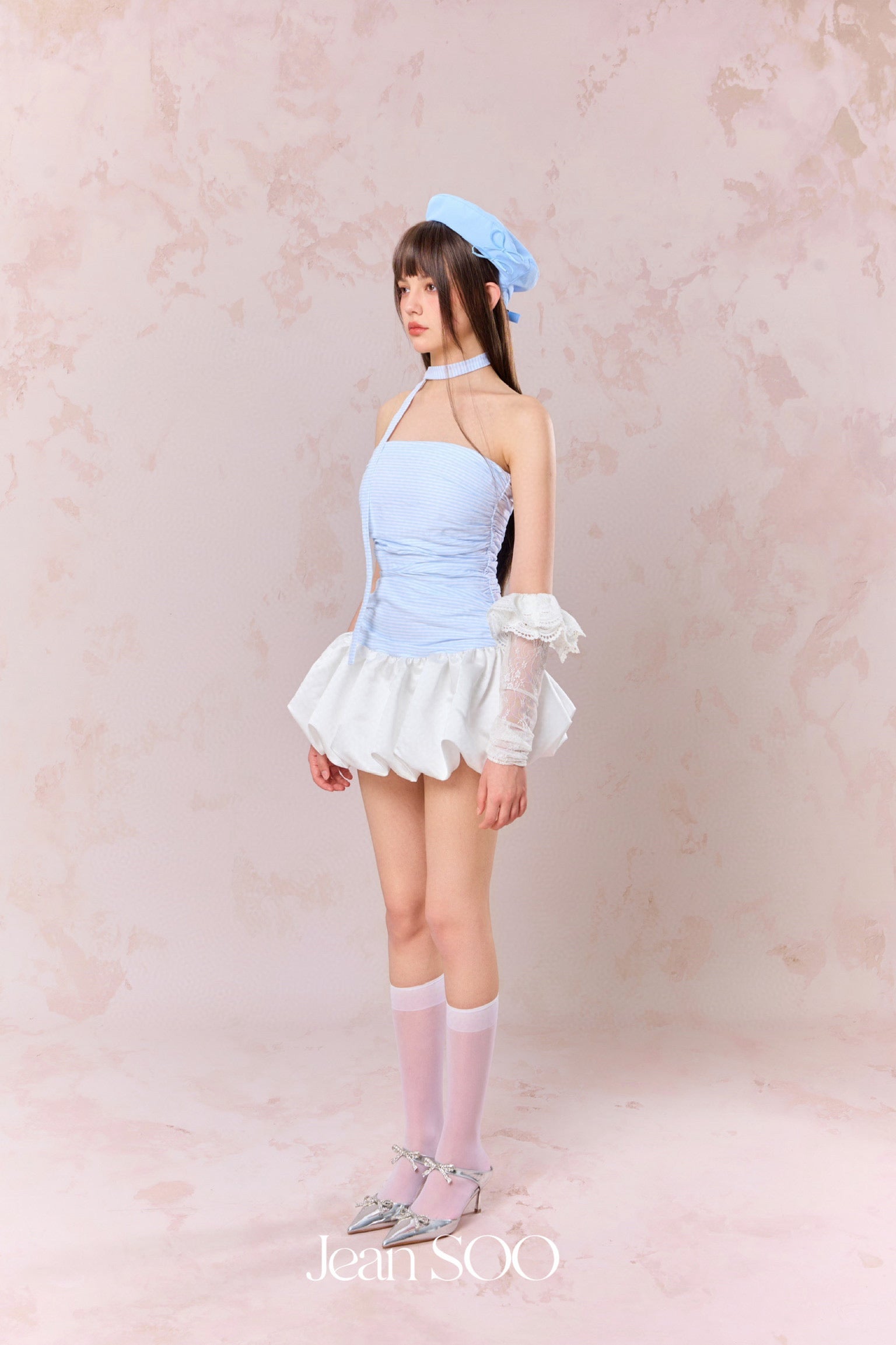 Jean Soo Pleated satin floral bud strapless dress