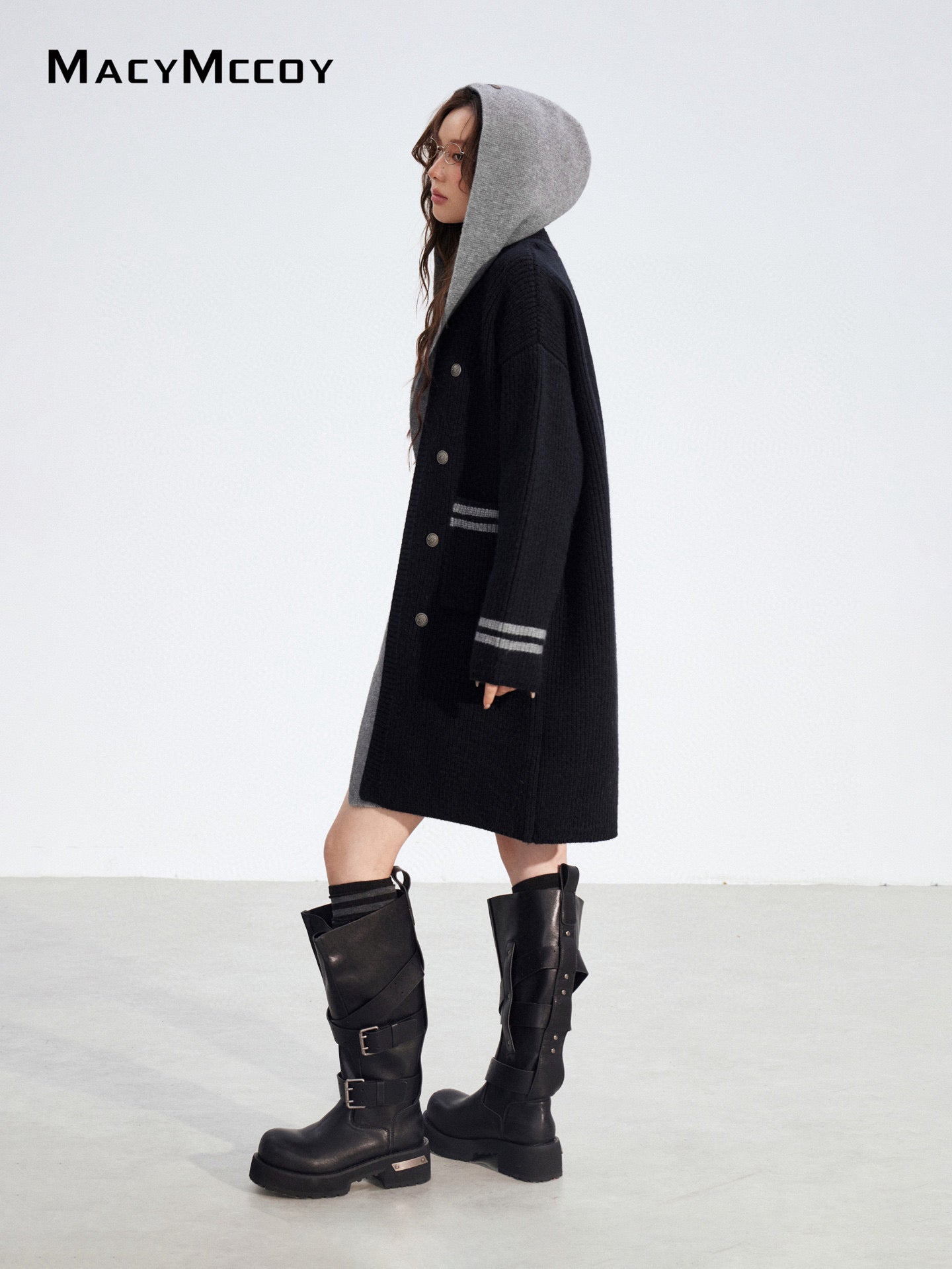 MacyMccoy MMC2025174 Long hooded sweater patchwork jacket