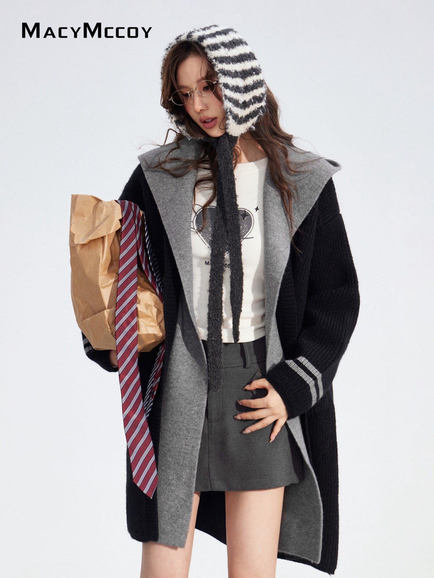 MacyMccoy MMC2025174 Long hooded sweater patchwork jacket