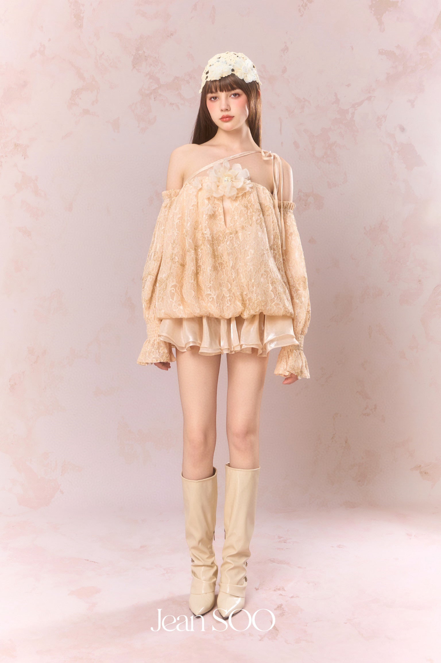 Jean Soo Embroidered lace off shoulder floral bud strapless dress