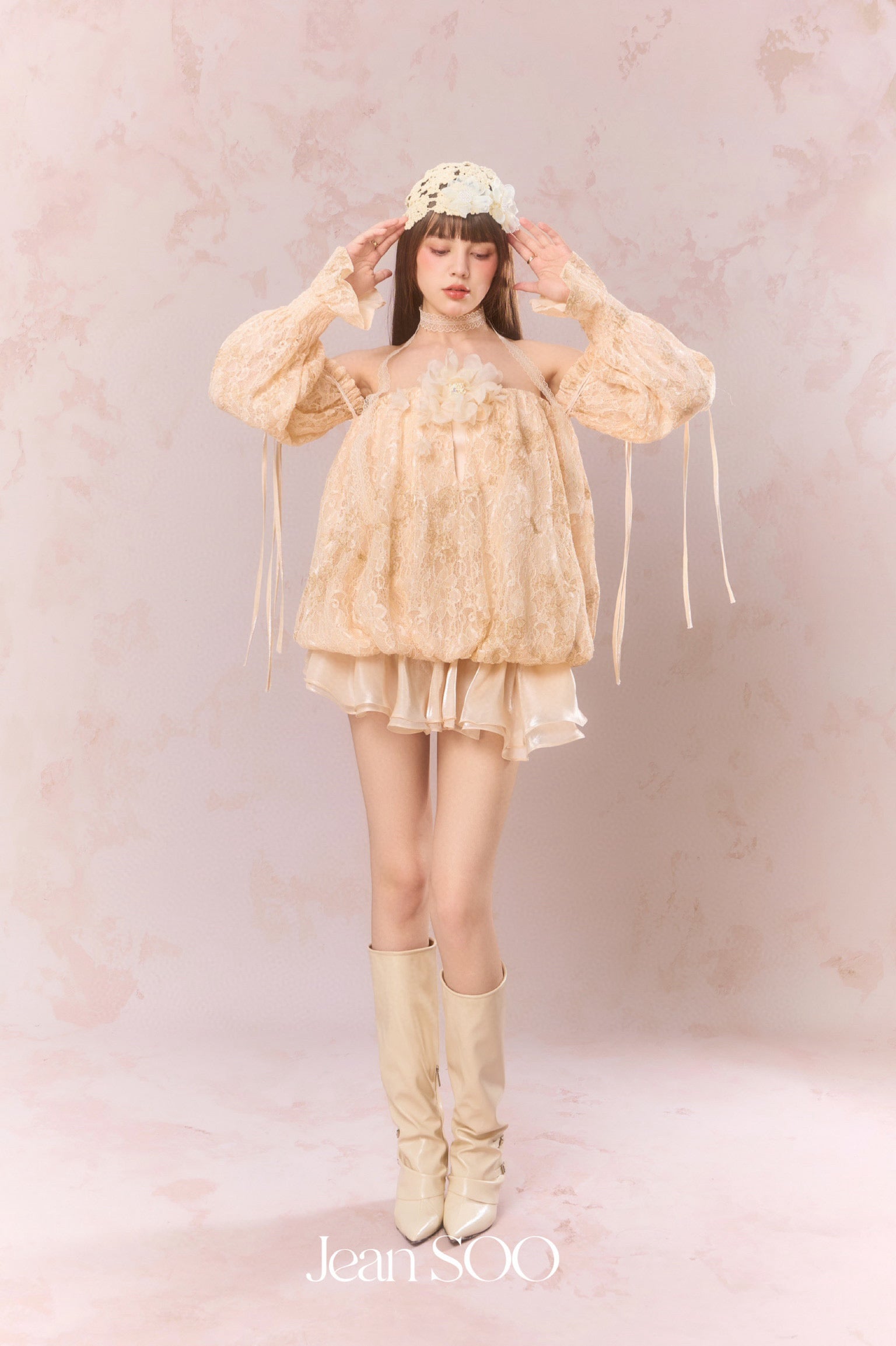 Jean Soo Embroidered lace off shoulder floral bud strapless dress