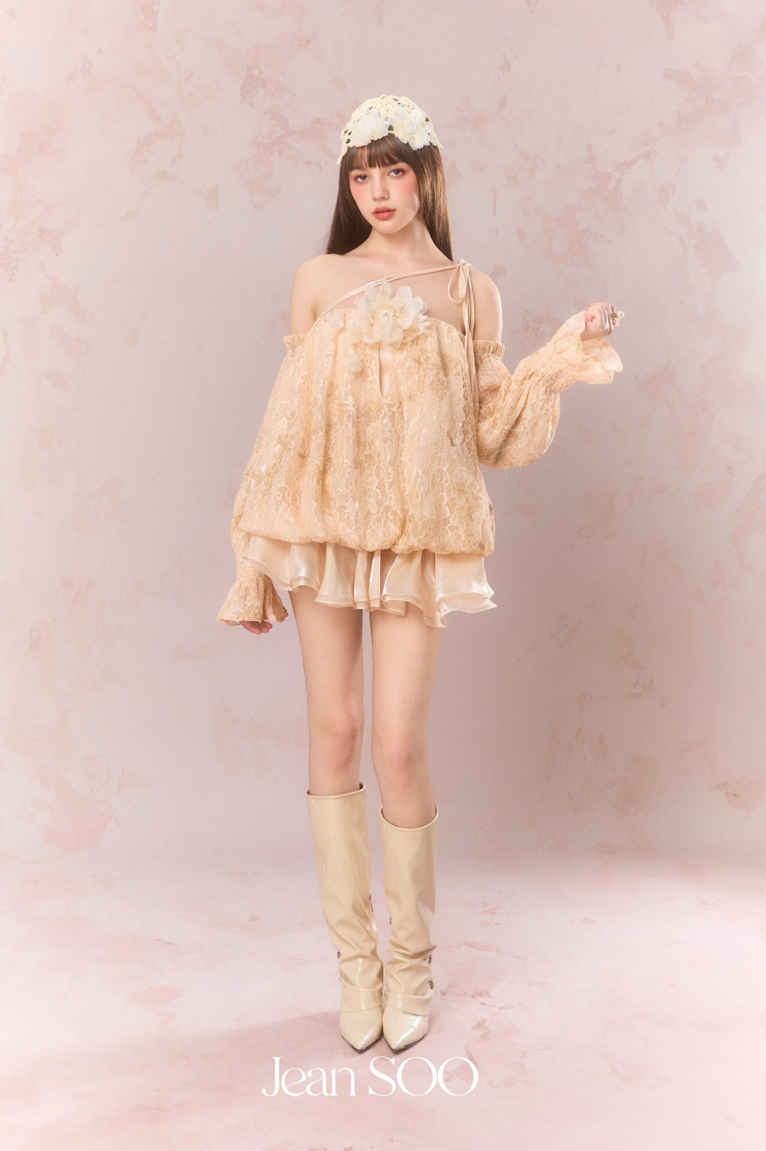 Jean Soo Embroidered lace off shoulder floral bud strapless dress