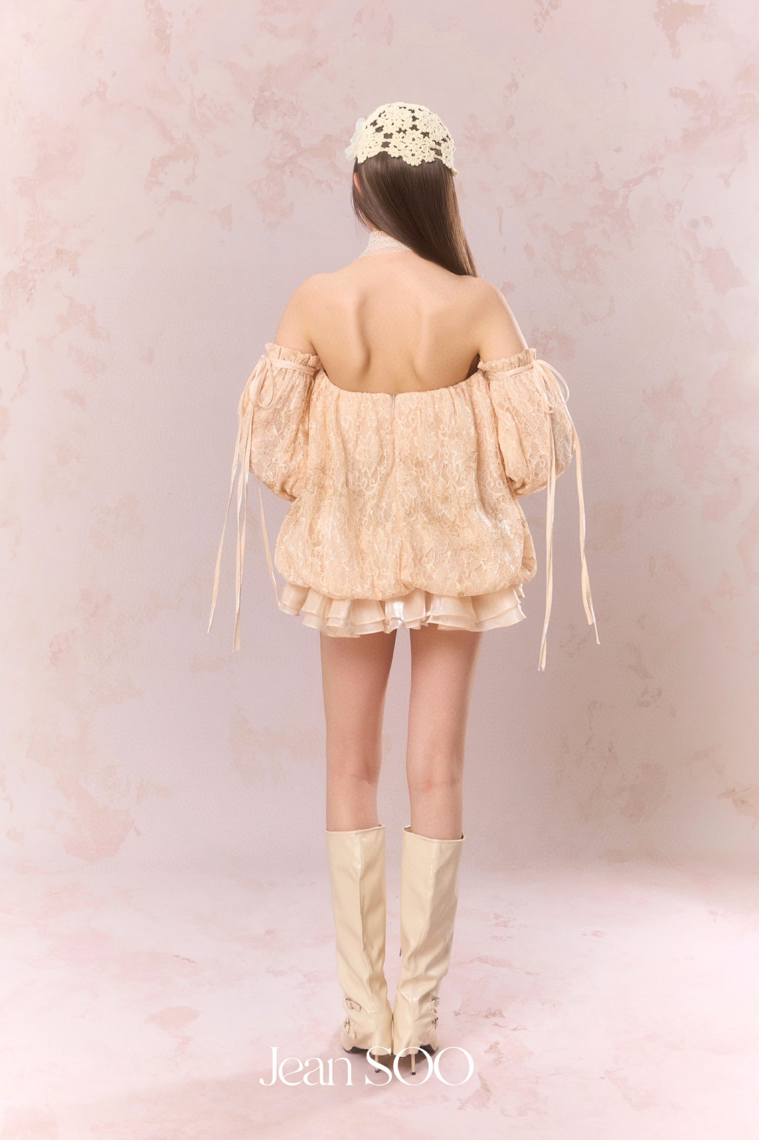 Jean Soo Embroidered lace off shoulder floral bud strapless dress