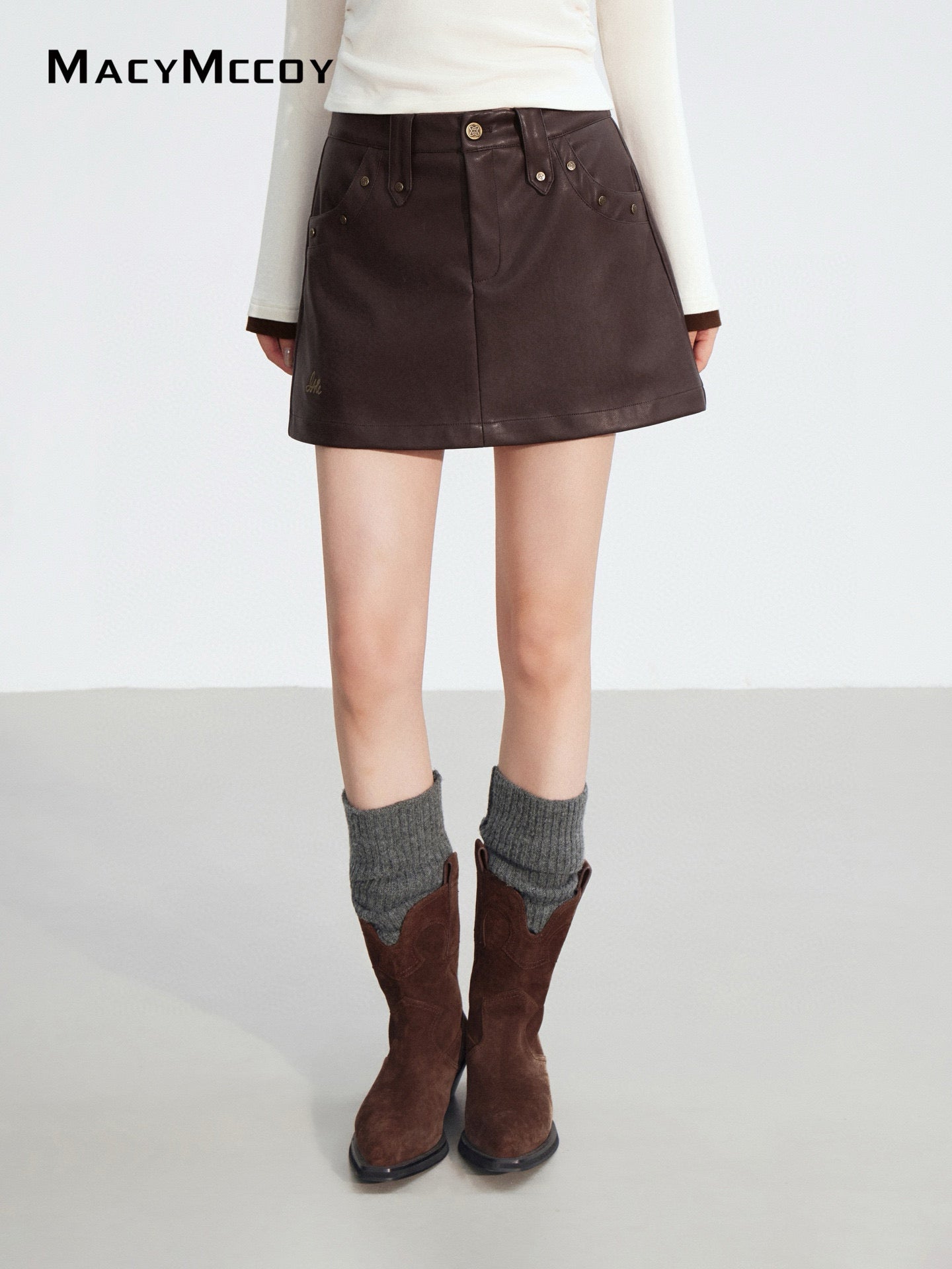 MacyMccoy MMC2025181 Rivet A-line leather skirt
