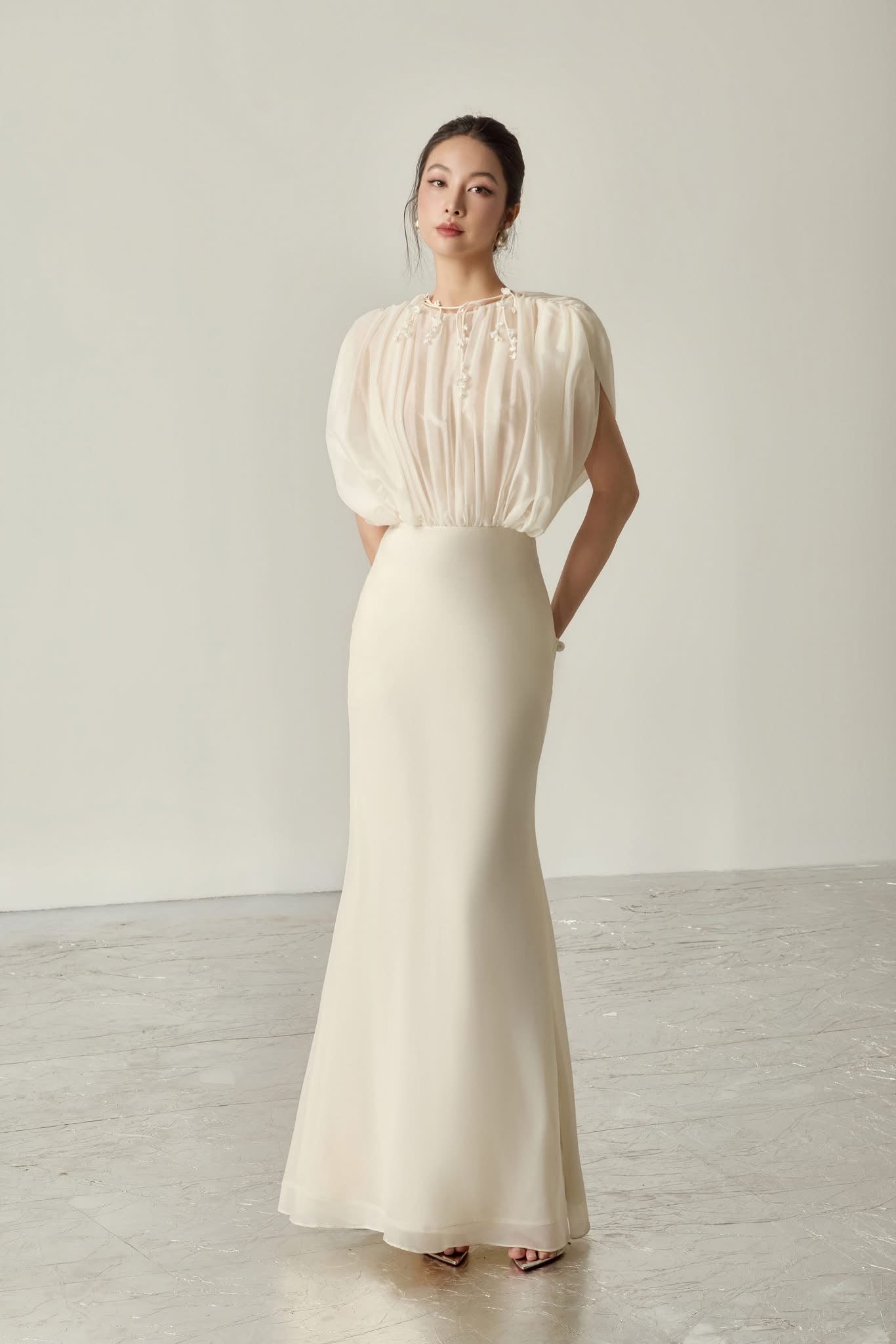 BYDENIO Clio Sheer Ruched Midi Dress