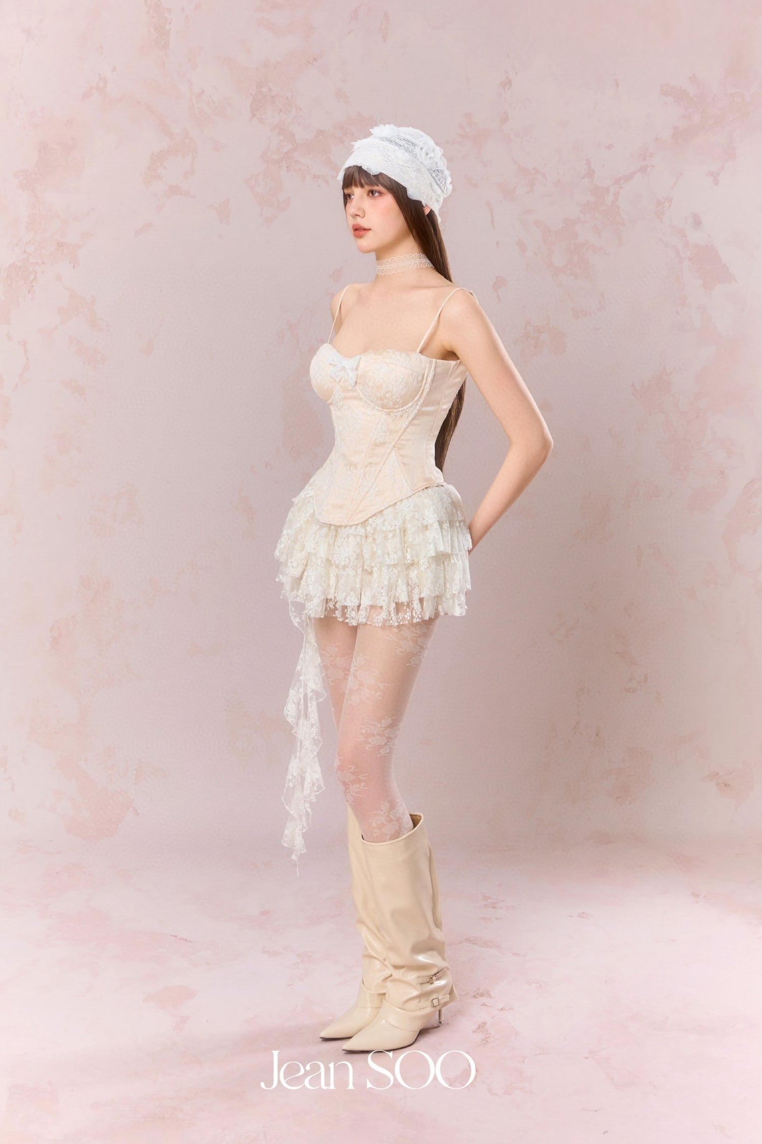 Jean Soo Embroidered lace contrasting patchwork corset + skirt set