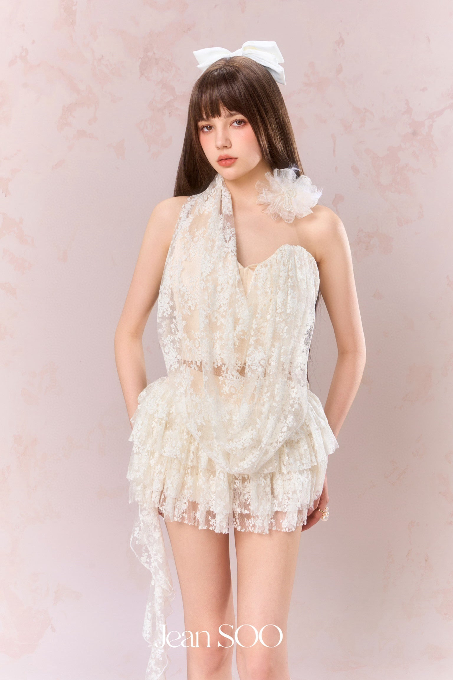 Jean Soo Halter neck lace irregular camisole + skirt set