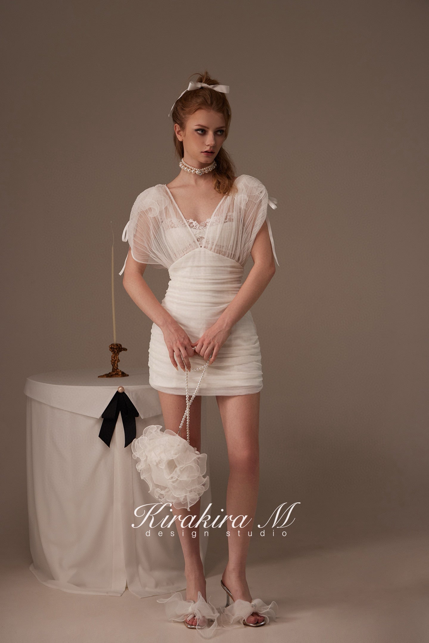 Kirakira.M White 2-picec set of deep v coller dress +lace bra set