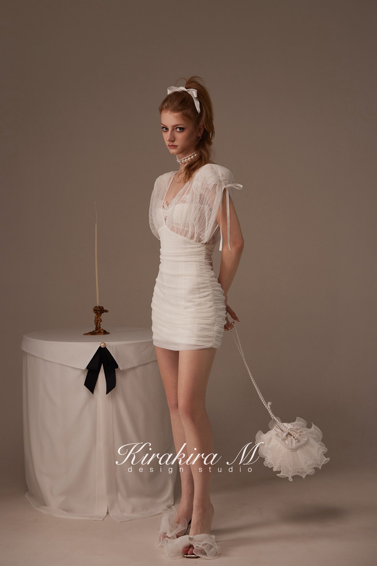 Kirakira.M White 2-picec set of deep v coller dress +lace bra set