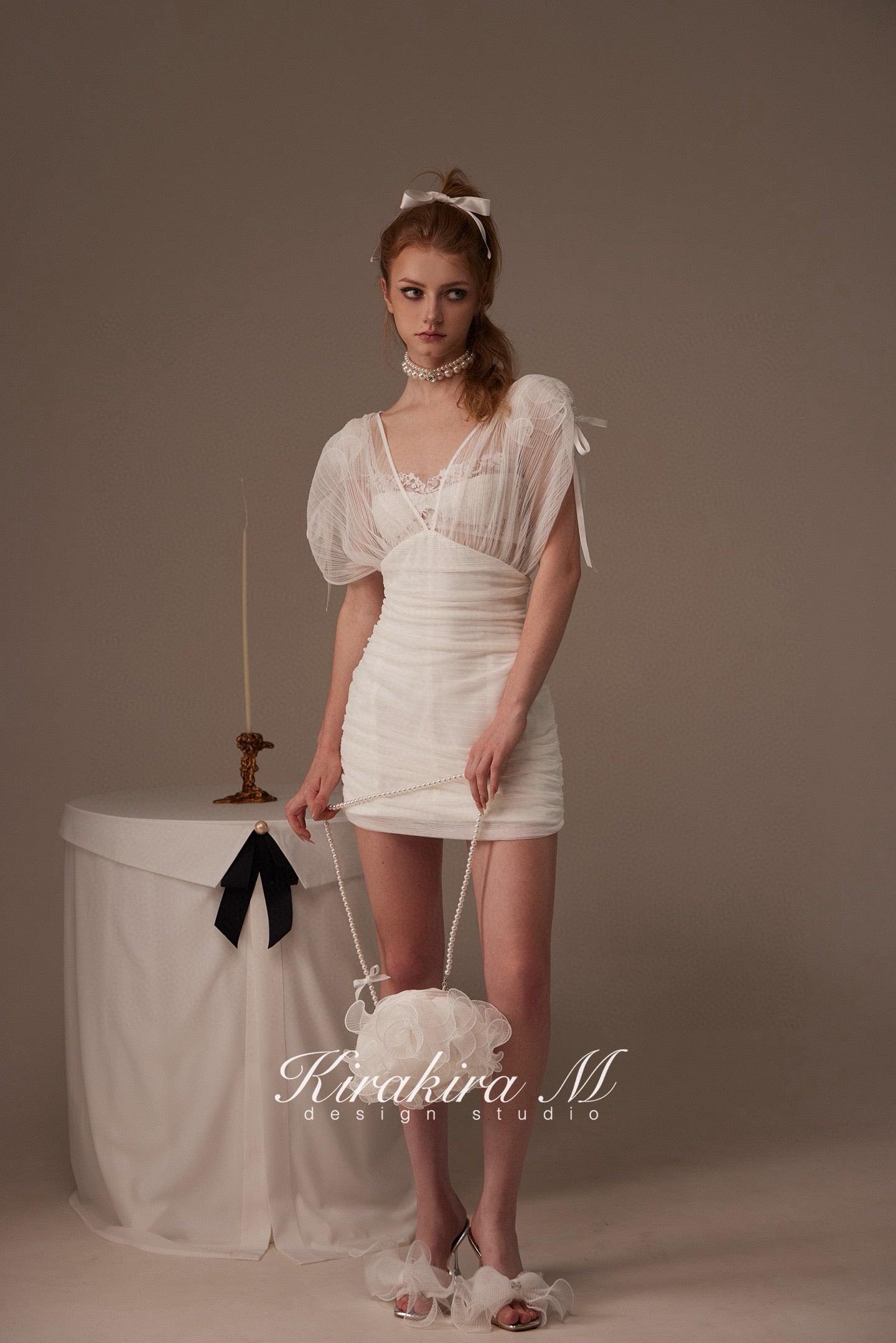Kirakira.M White 2-picec set of deep v coller dress +lace bra set