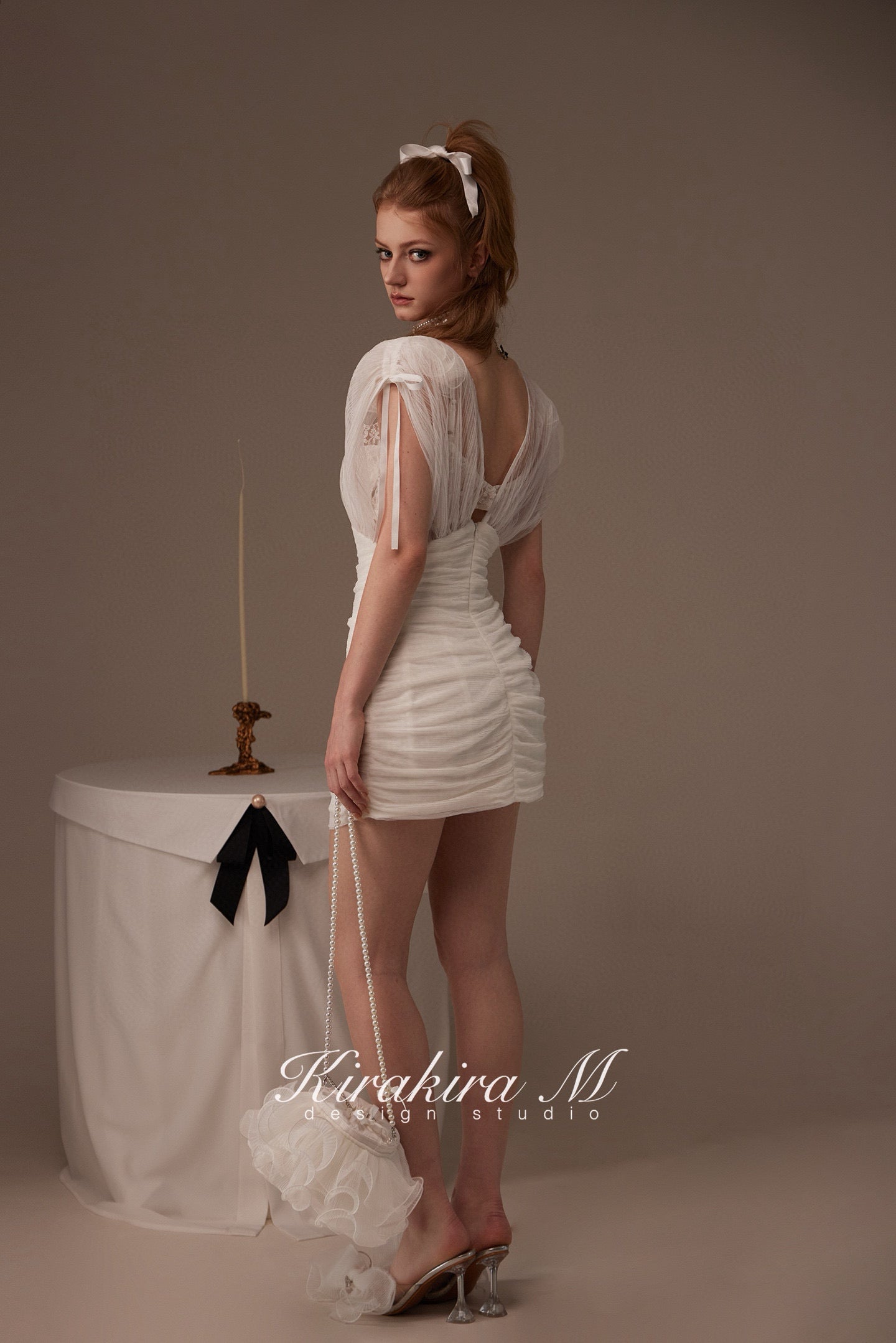 Kirakira.M White 2-picec set of deep v coller dress +lace bra set