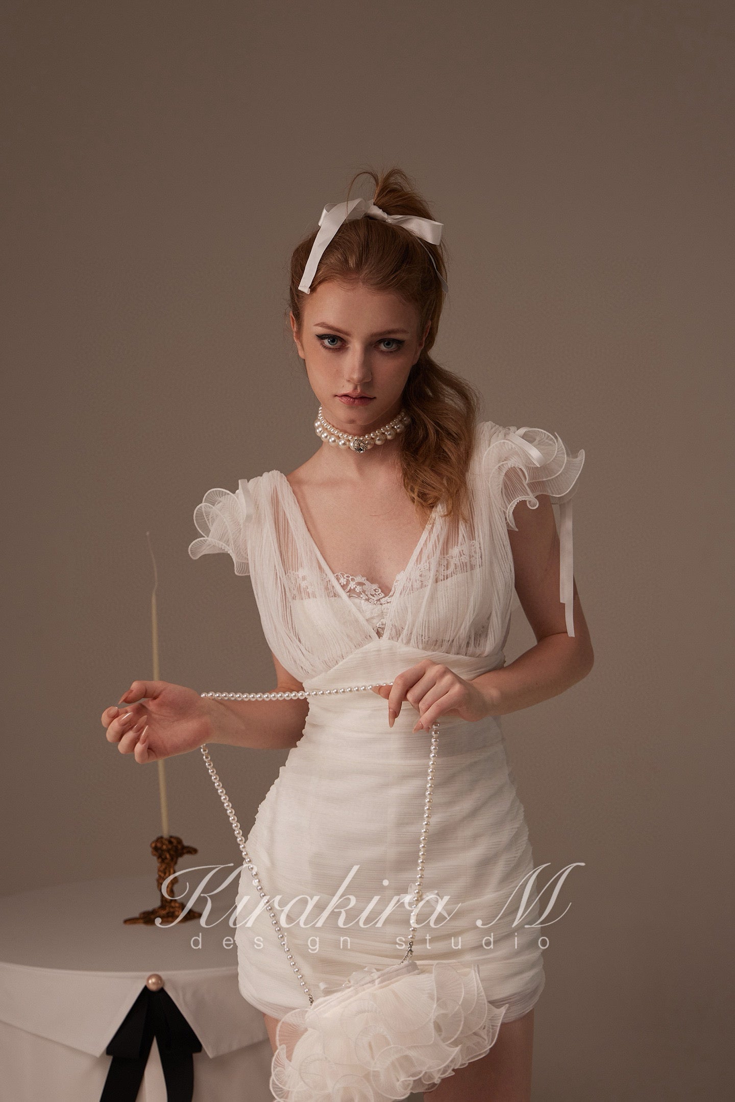 Kirakira.M White 2-picec set of deep v coller dress +lace bra set
