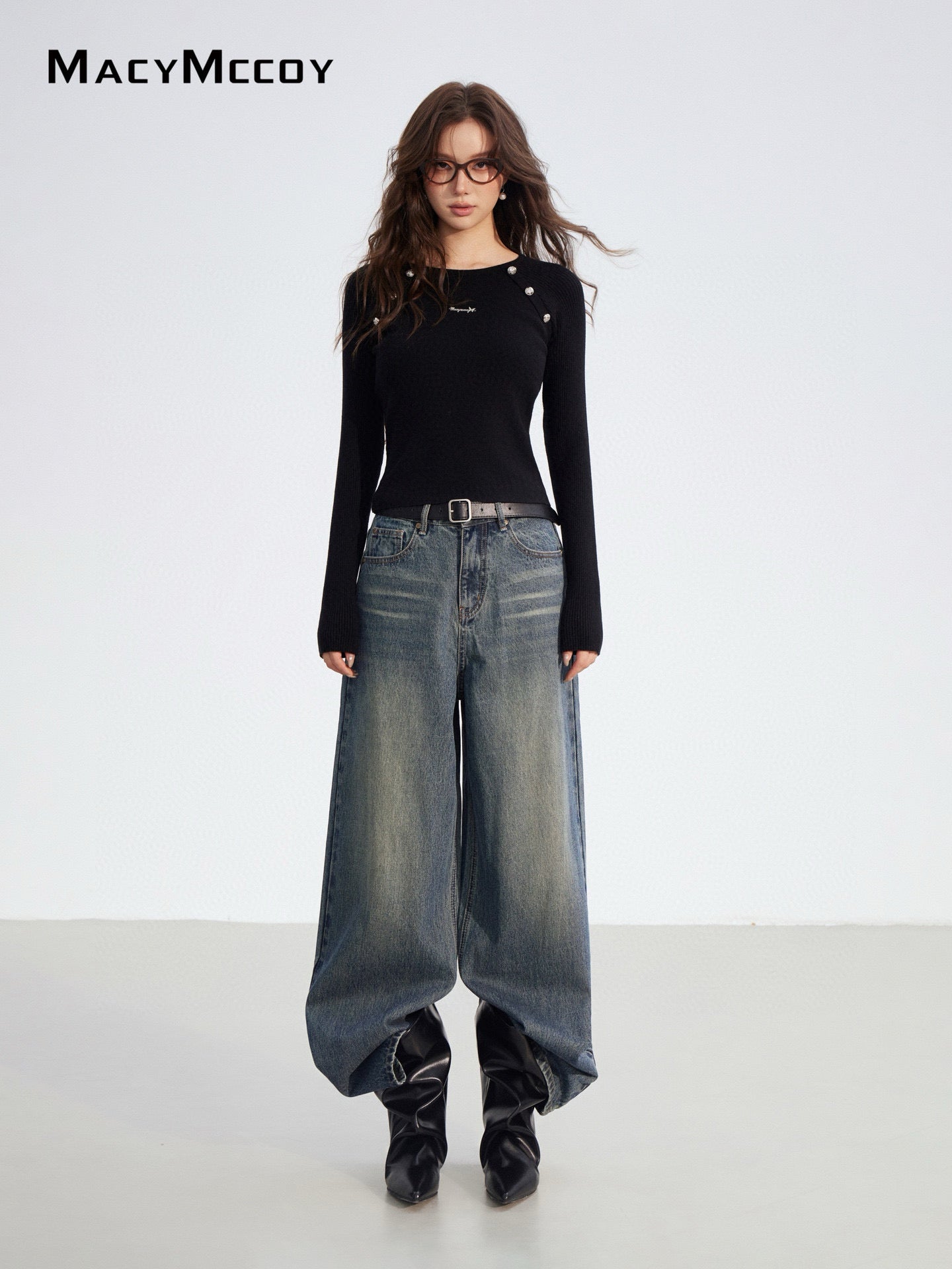 MacyMccoy MMC2025193 Fake two-piece spliced knitted base top
