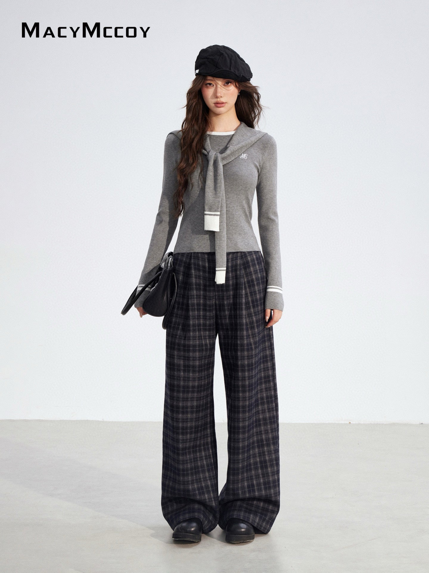 MacyMccoy MMC2025194 Plucked plaid wide leg pants