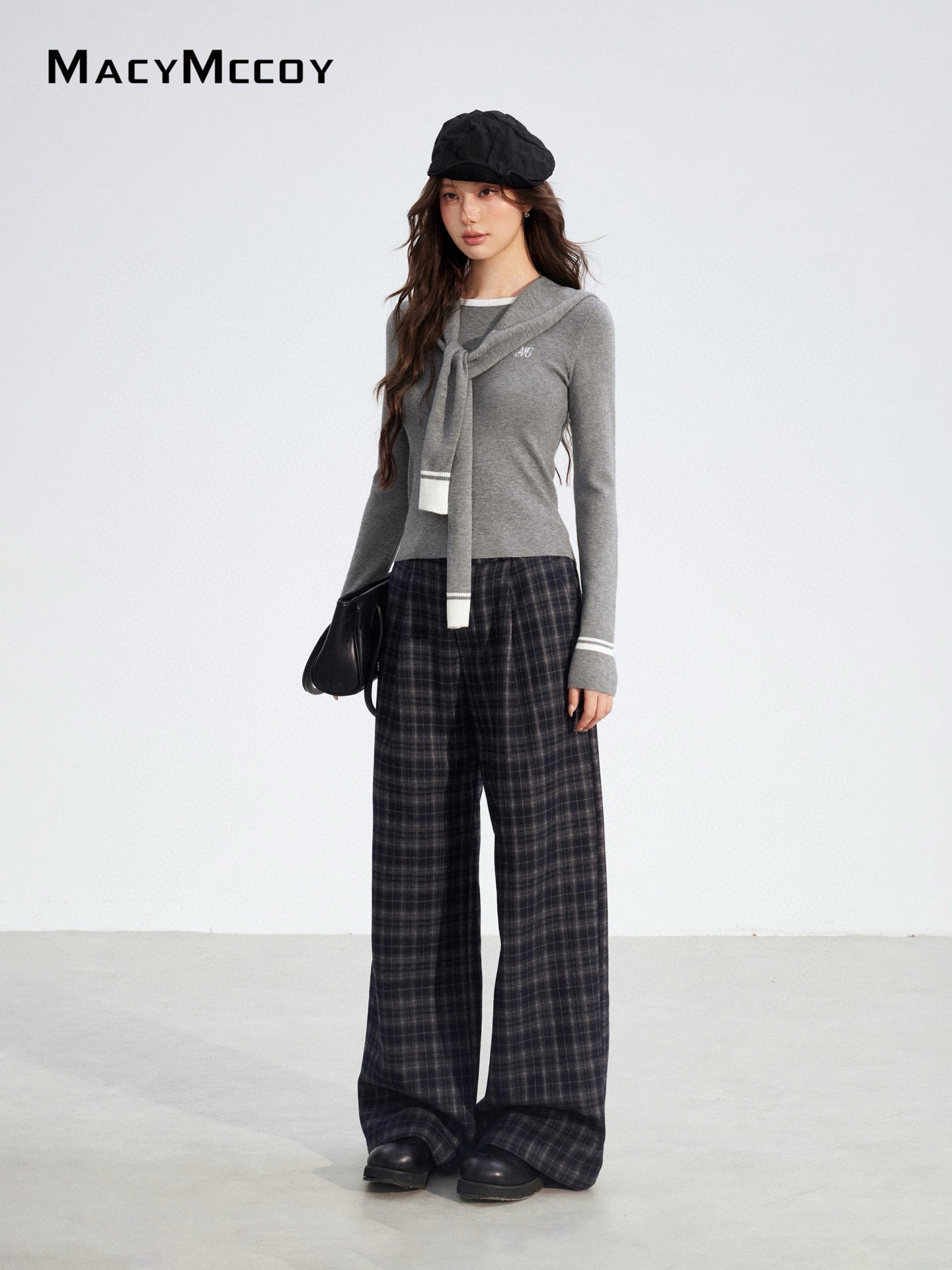 MacyMccoy MMC2025194 Plucked plaid wide leg pants