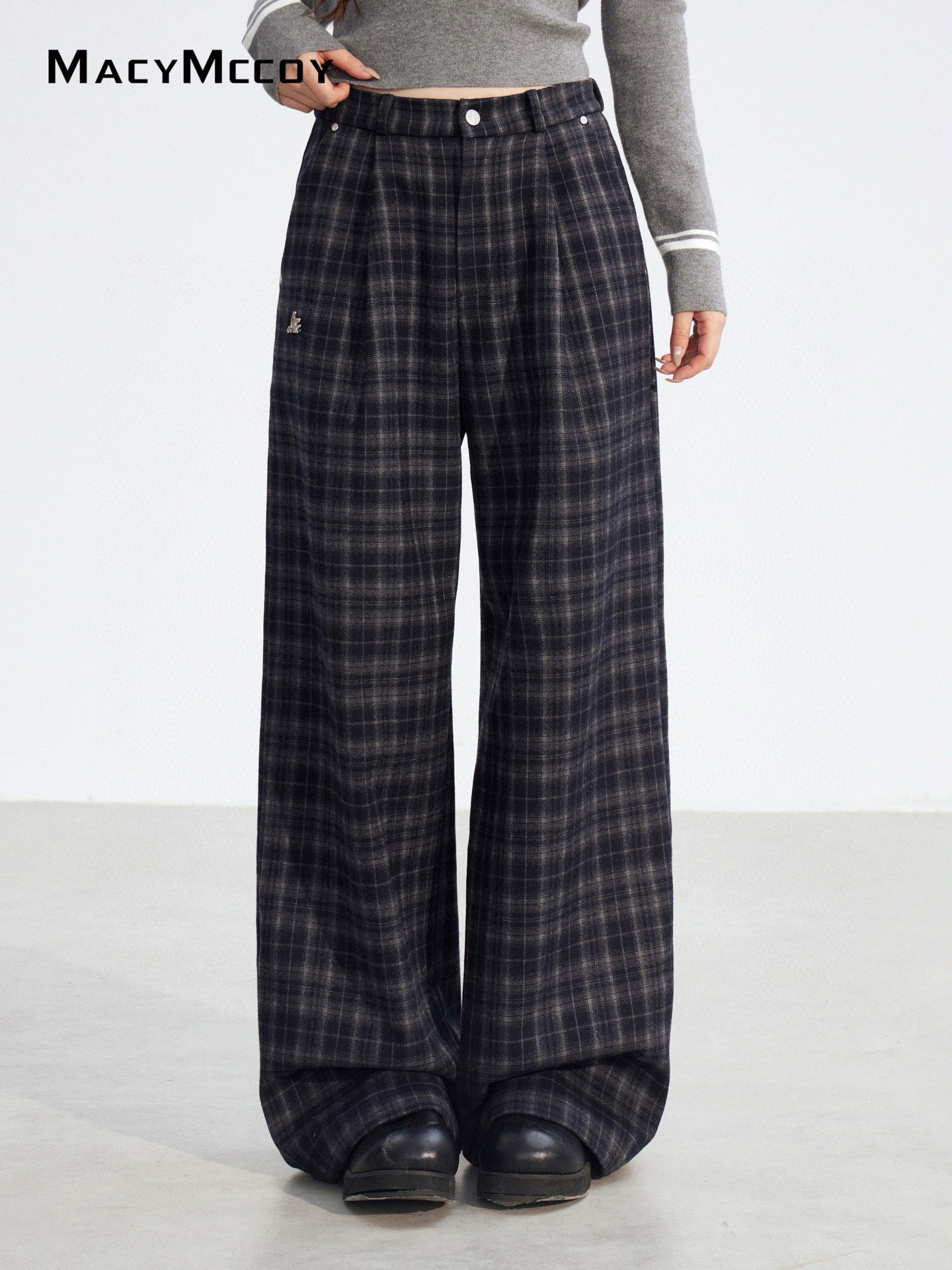 MacyMccoy MMC2025194 Plucked plaid wide leg pants