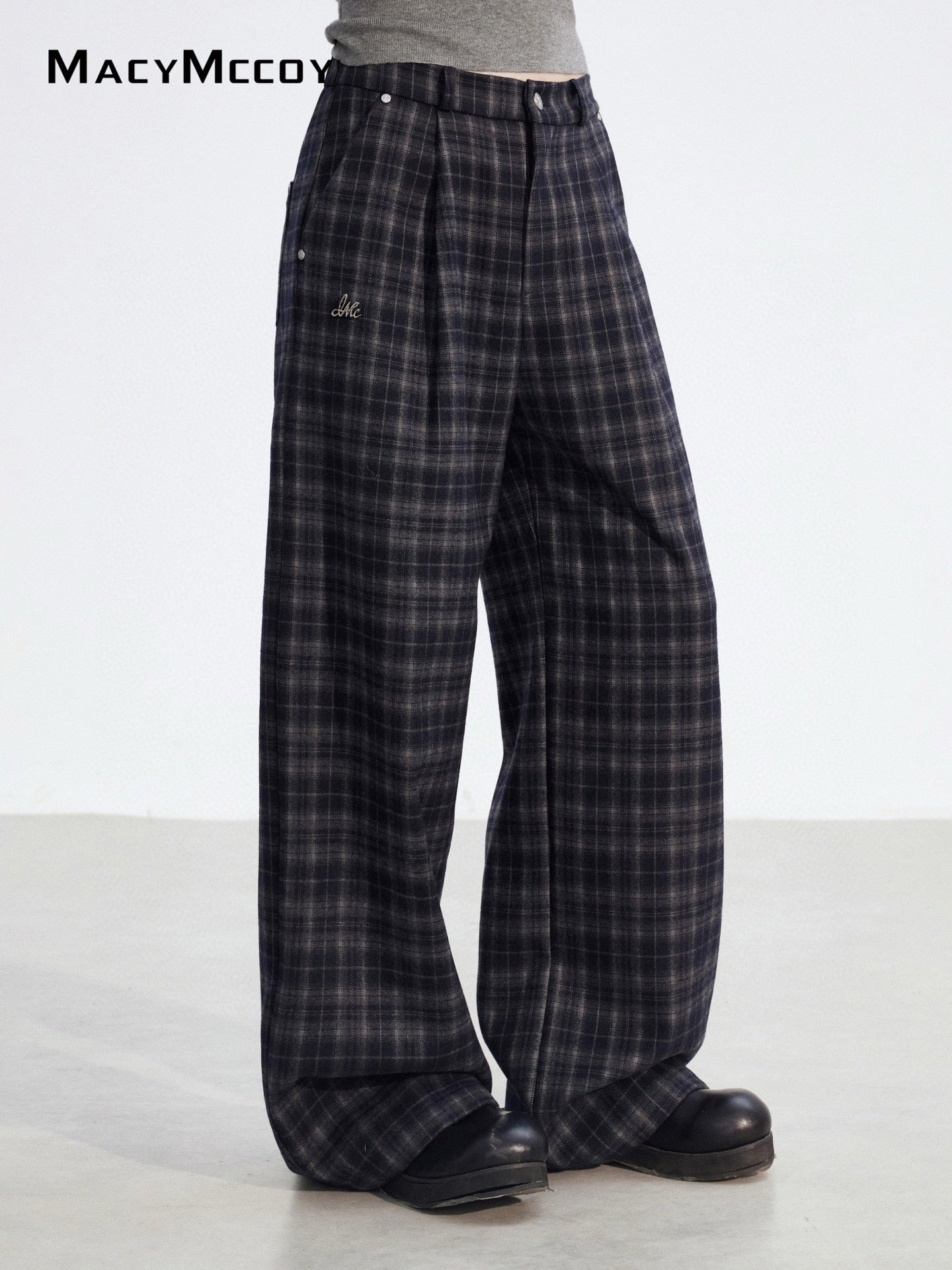 MacyMccoy MMC2025194 Plucked plaid wide leg pants