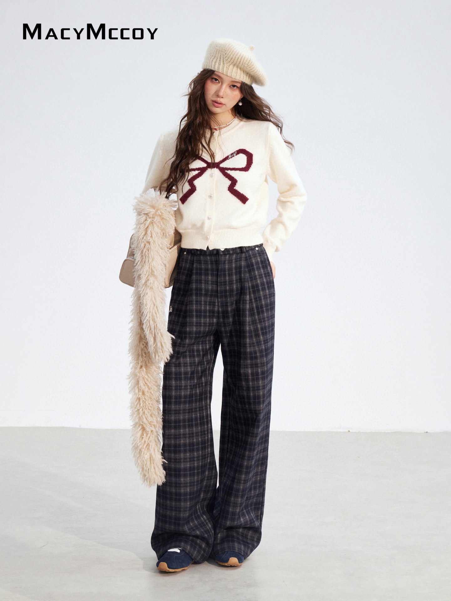 MacyMccoy MMC2025194 Plucked plaid wide leg pants