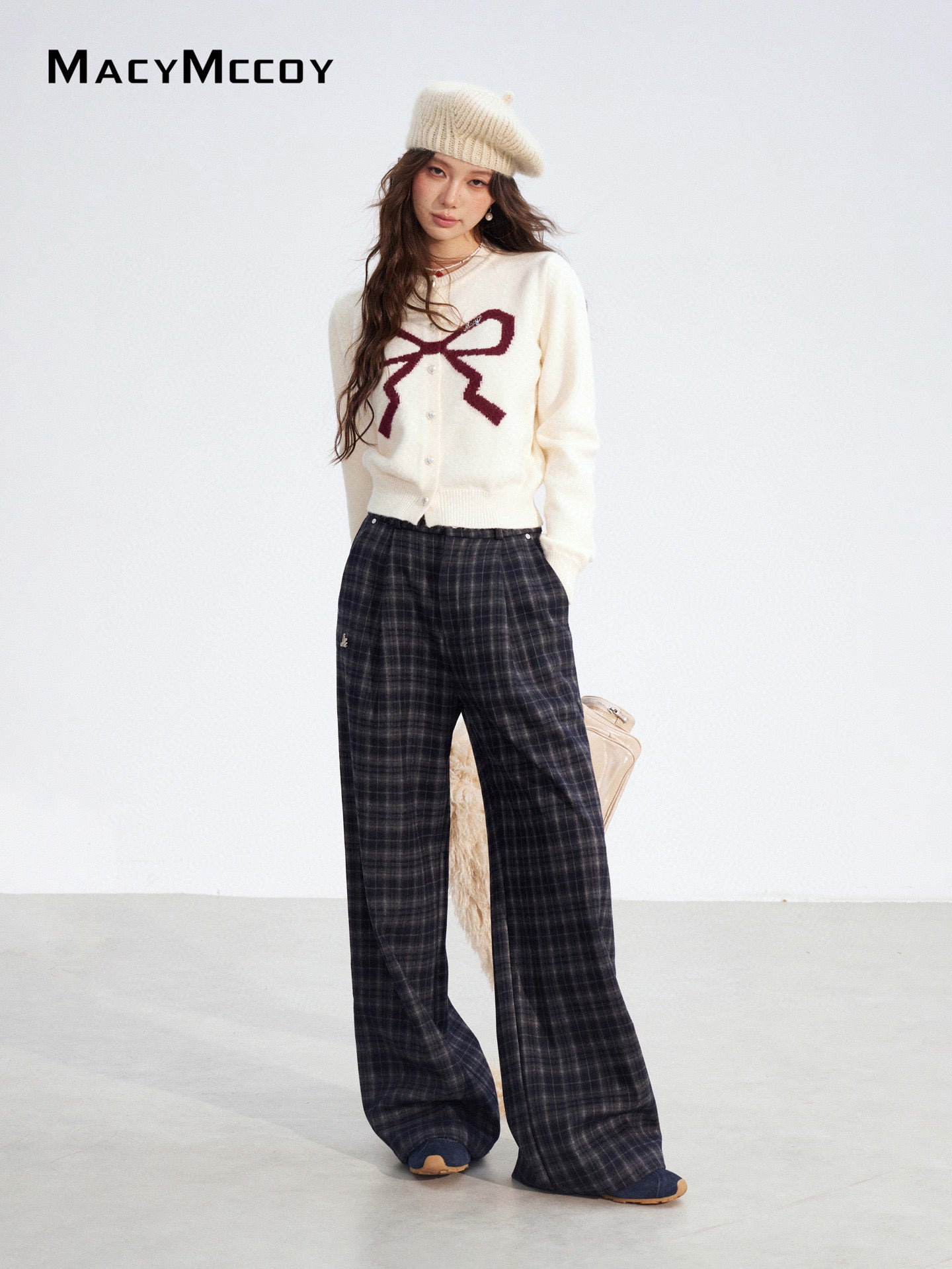 MacyMccoy MMC2025194 Plucked plaid wide leg pants