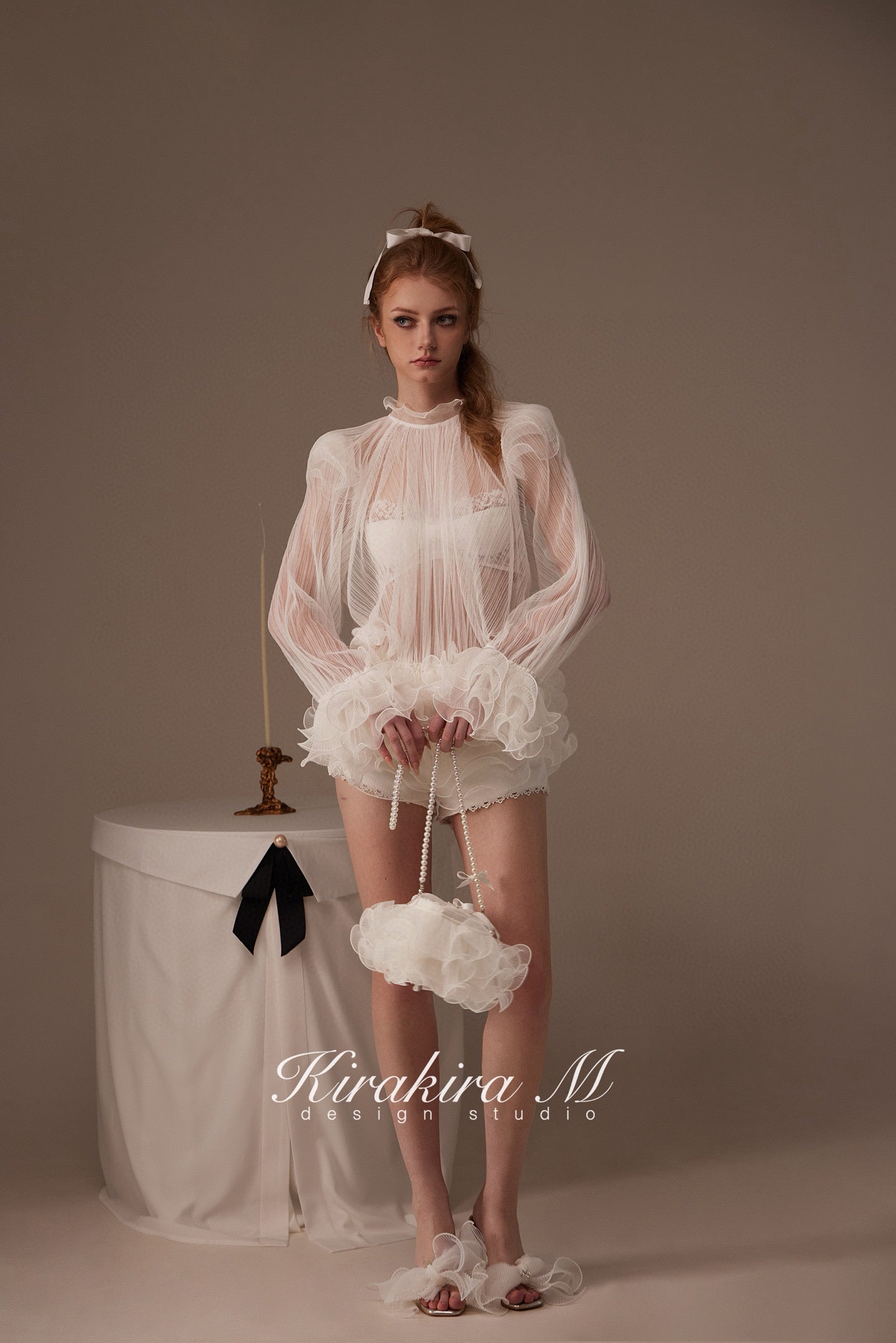 Kirakira.M White semi-transparent pleated lace top(2ways to wear)