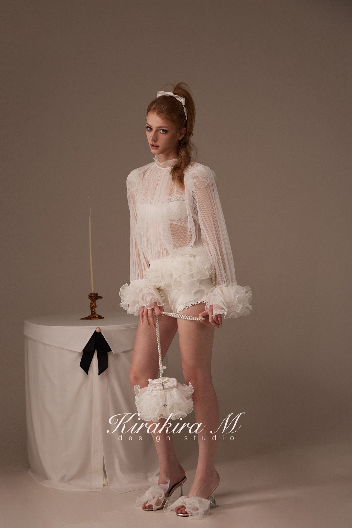 Kirakira.M White semi-transparent pleated lace top(2ways to wear)