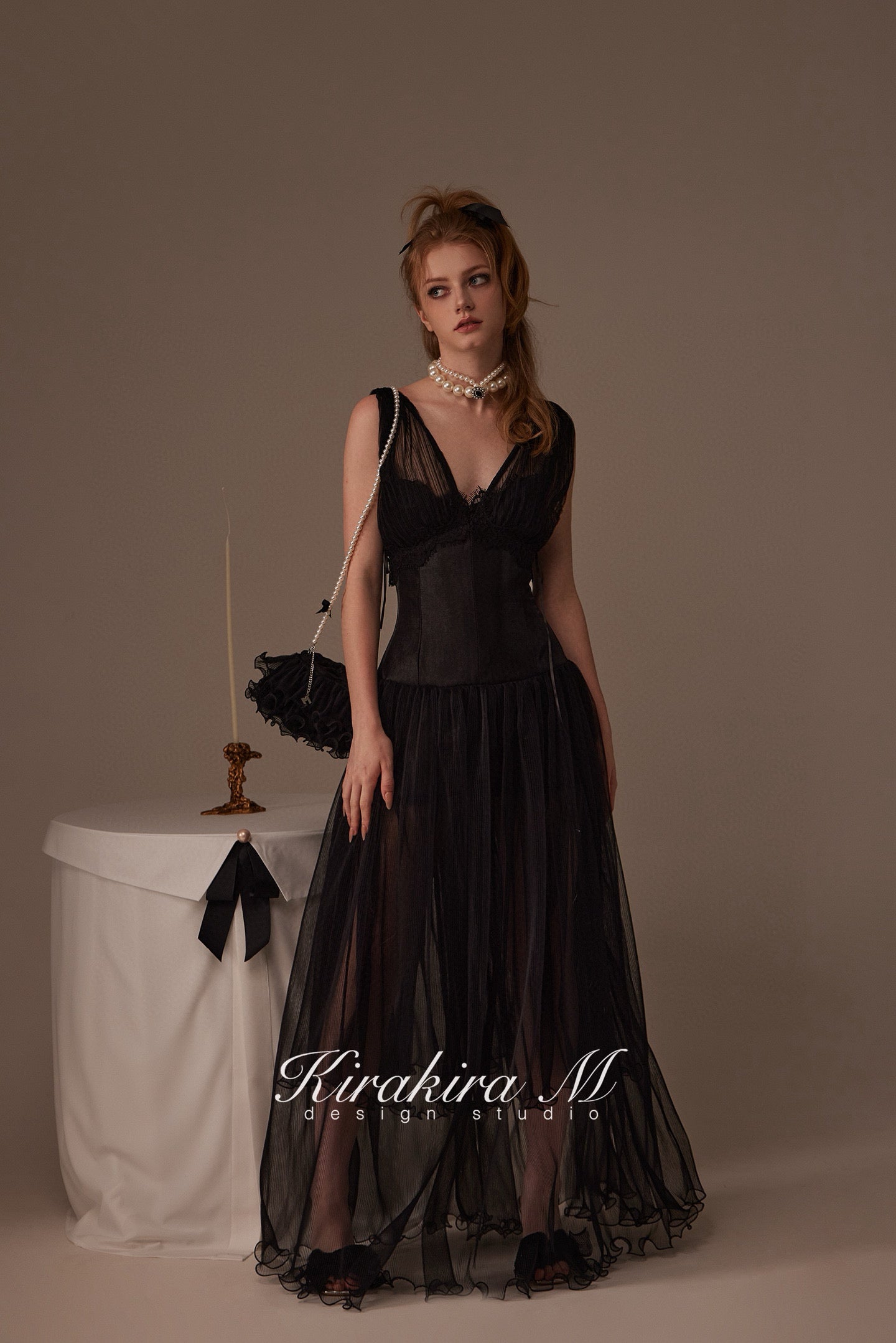 Kirakira.M Black deep v collar long dress
