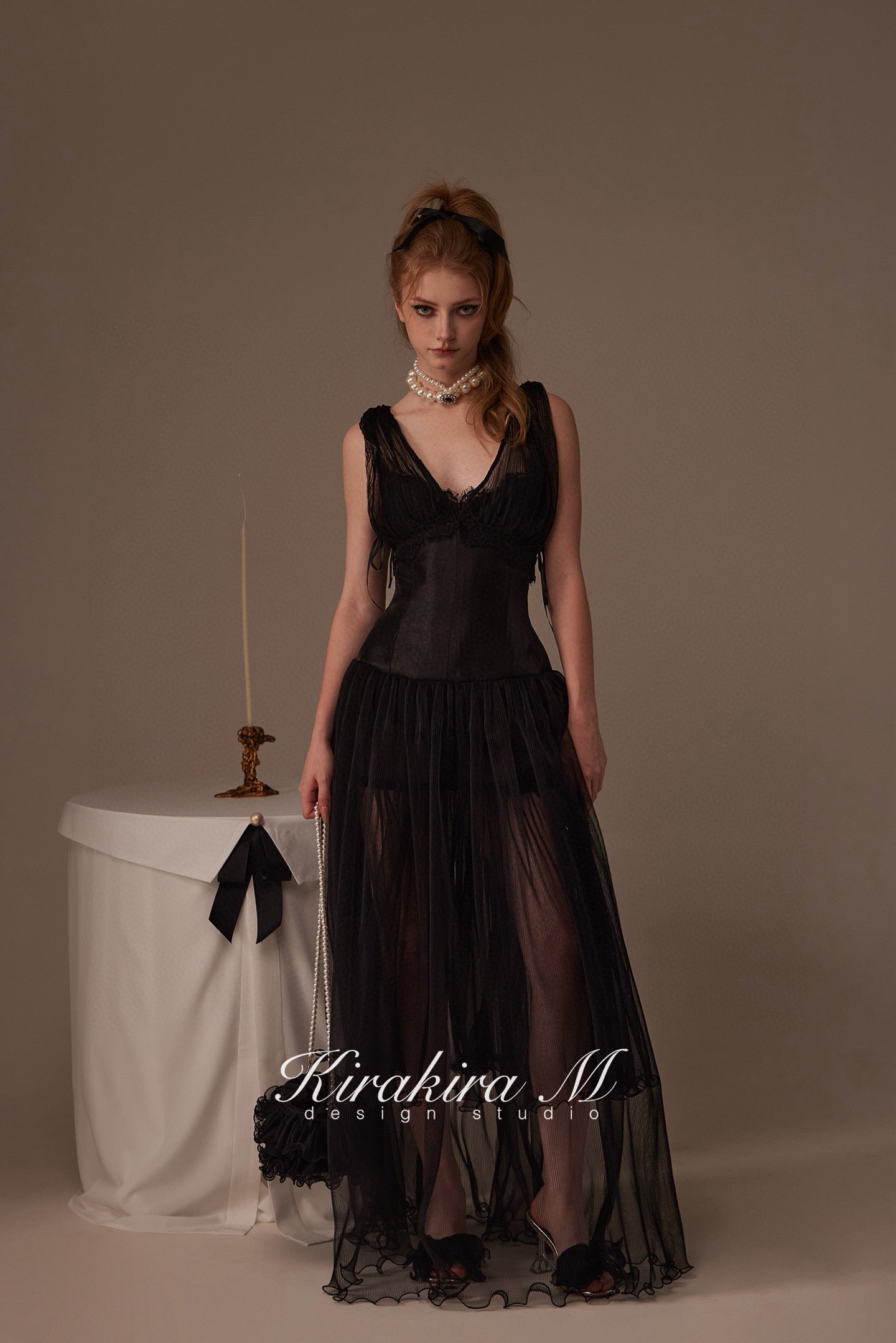 Kirakira.M Black deep v collar long dress